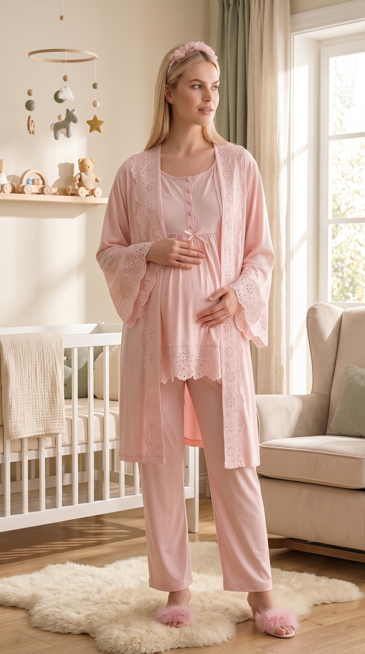 Yeni Sezon Pudra Fisto Keten Detaylı Özel Tasarım %100 Pamuk Emzirme Özellikli Hamile Lohusa Sabahlıklı Pijama Takımı Seti 33011