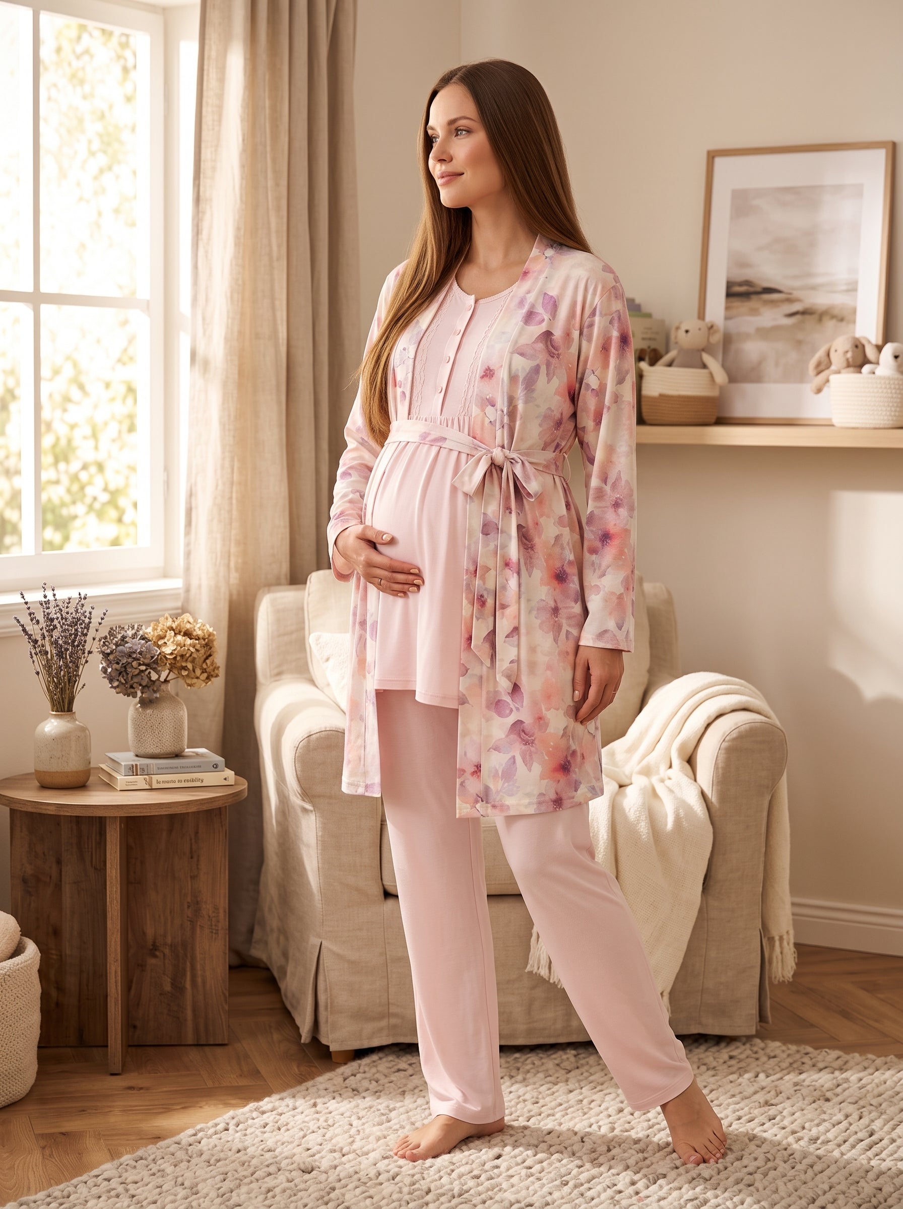 Yeni Sezon Pembe Çiçek Desenli Dantel Detaylı Tasarım Düğmeli Kısa Kol %100 Pamuk Hamile Lohusa Sabahlıklı Pijama Takımı Seti R715