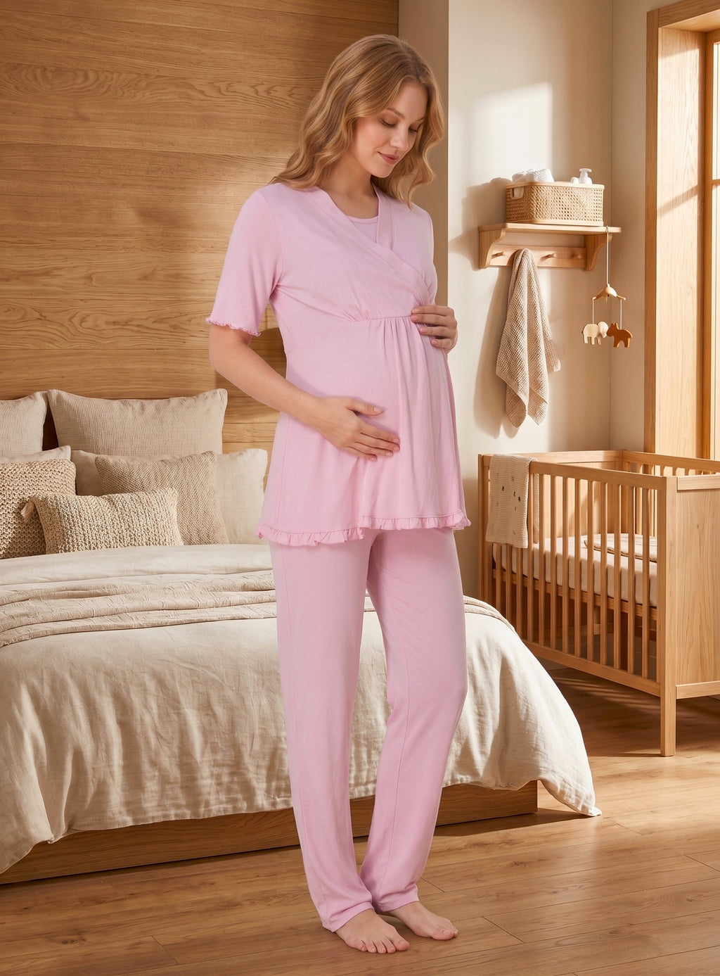 Yeni Sezon Pudra Kruvaze Yaka Emzirme Özellikli Tasarım Kısa Kollu %100 Pamuk Hamile Lohusa Pijama Takımı 13032