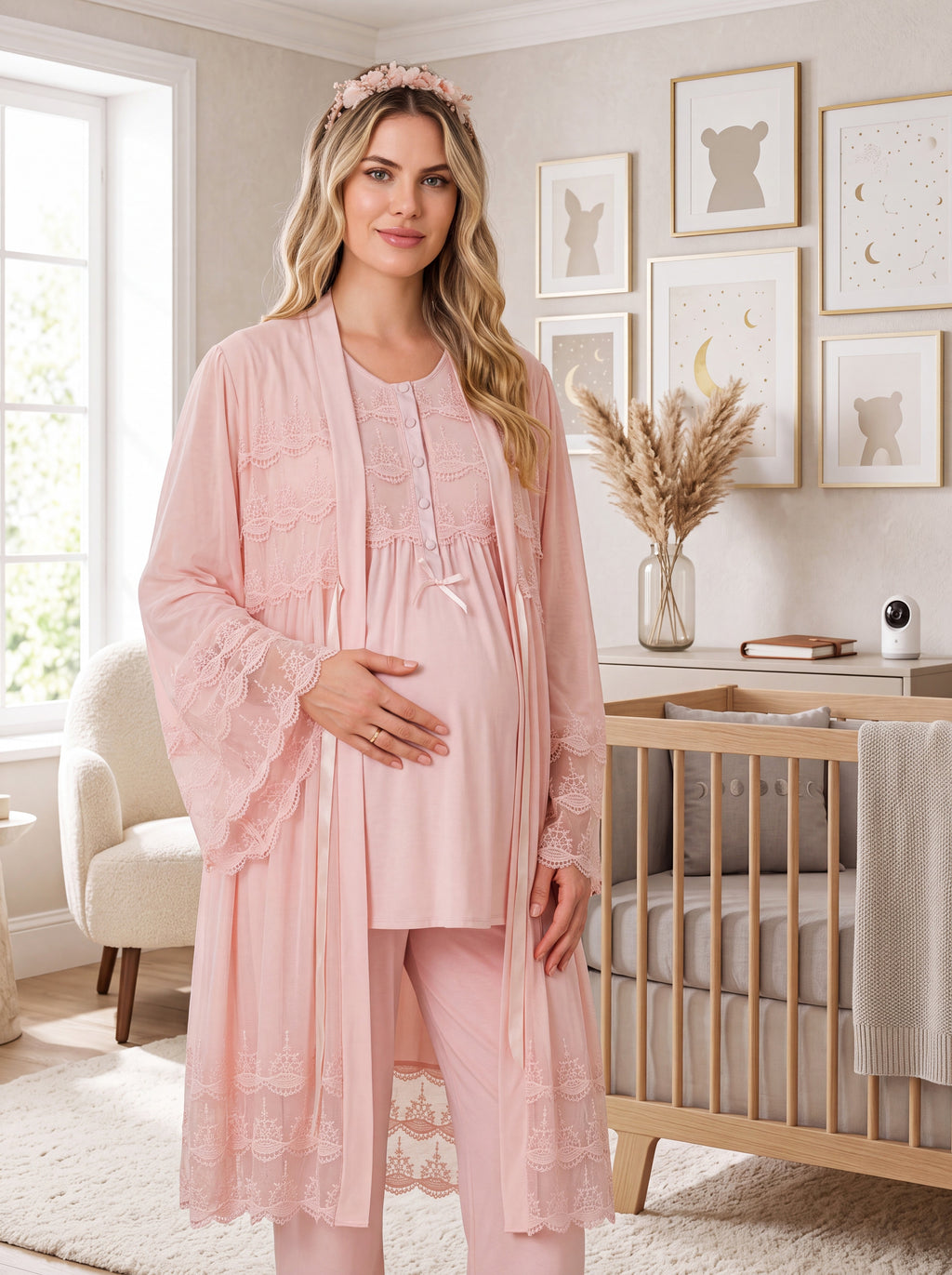 Yeni Sezon Pembe Özel Dantel Detaylı Tasarım Emzirme Özellikli Kısa Kollu Hamile Lohusa Sabahlıklı Pijama Takımı Seti 33010