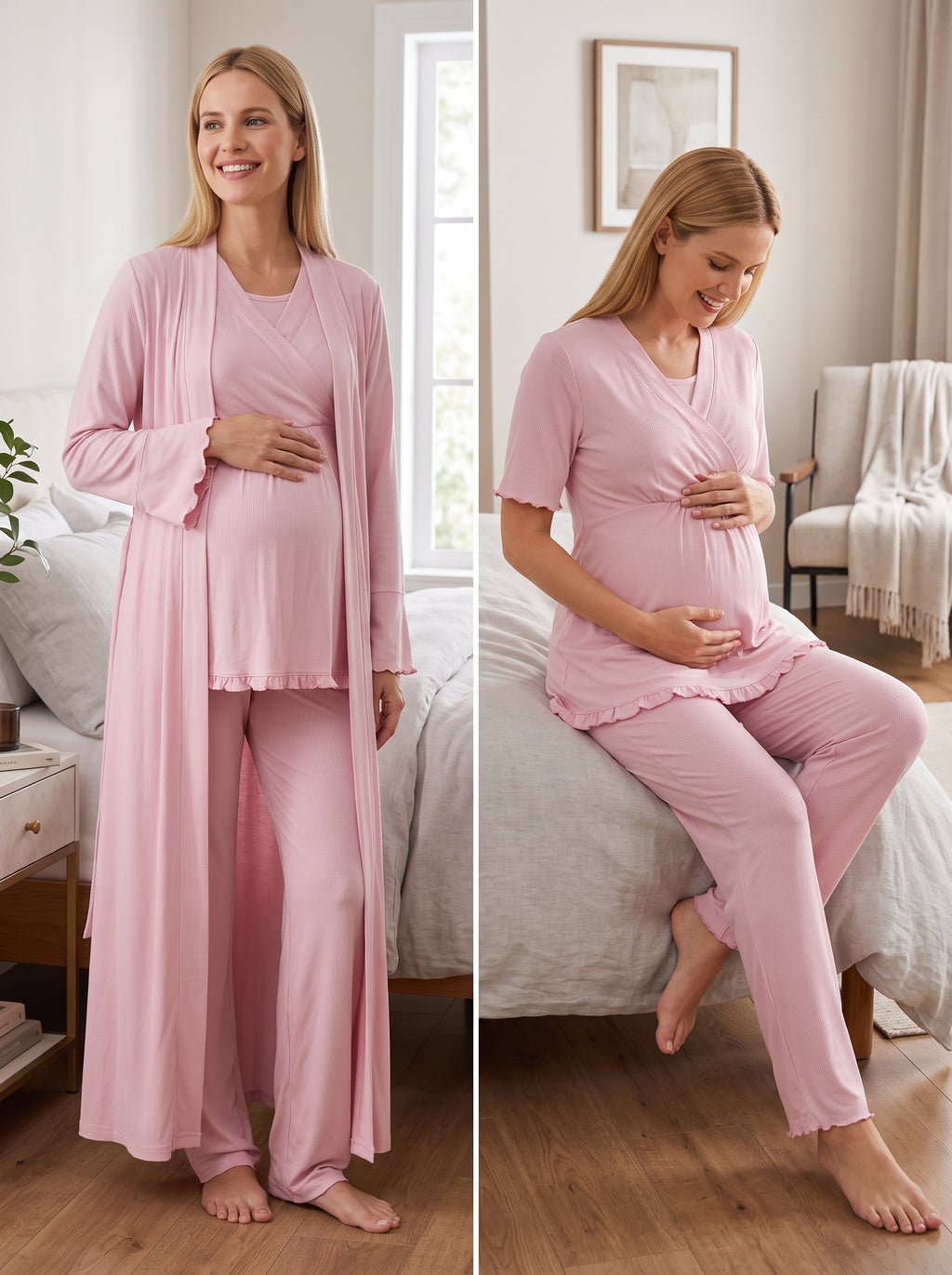 Yeni Sezon Pudra Uzun Sabahlıklı Kruvaze Yakalı Özel Tasarım Emzirme Özellikli %100 Pamuk Hamile Lohusa Sabahlıklı Pijama Takımı Seti 13034