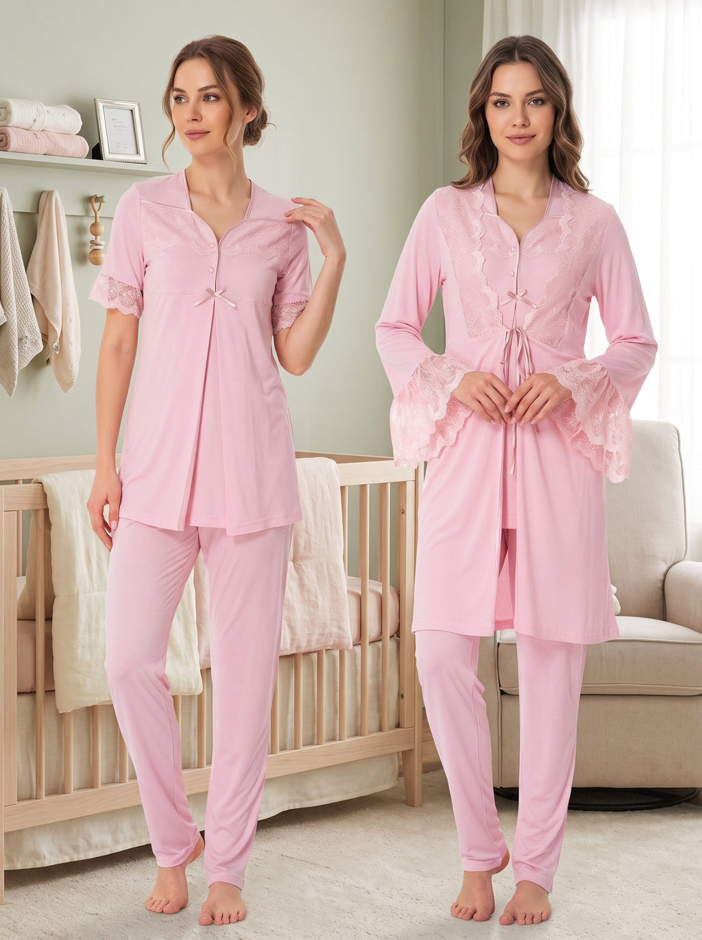 Yeni Sezon Pembe Şık Dantel Detaylı Emzirme Özellikli Tasarım Kısa Kollu Hamile Lohusa Sabahlıklı Pijama Takımı Seti 19014