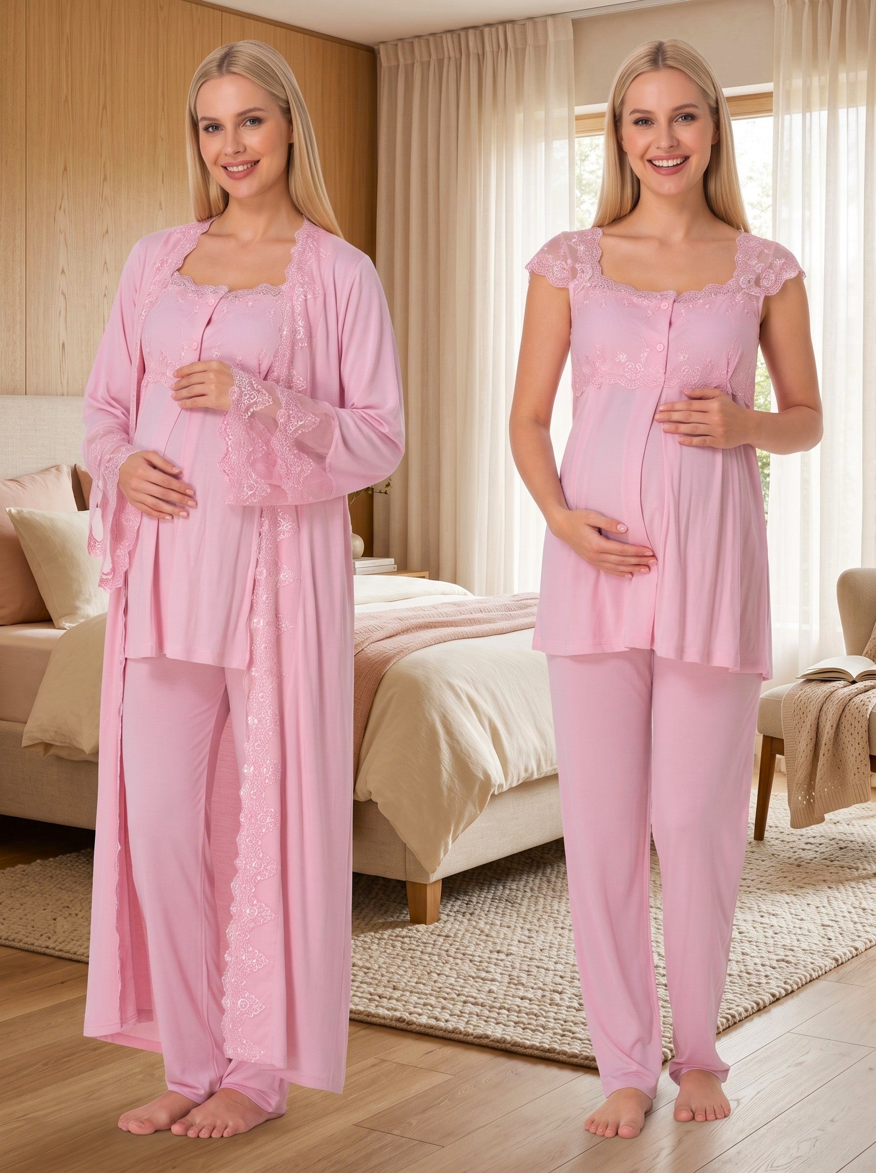 Yeni Sezon Pembe Uzun Sabahlıklı Dantel Detaylı Özel Tasarım Askılı %100 Pamuk Emzirme Özellikli Hamile Lohusa Sabahlıklı Pijama Takımı Seti 14064