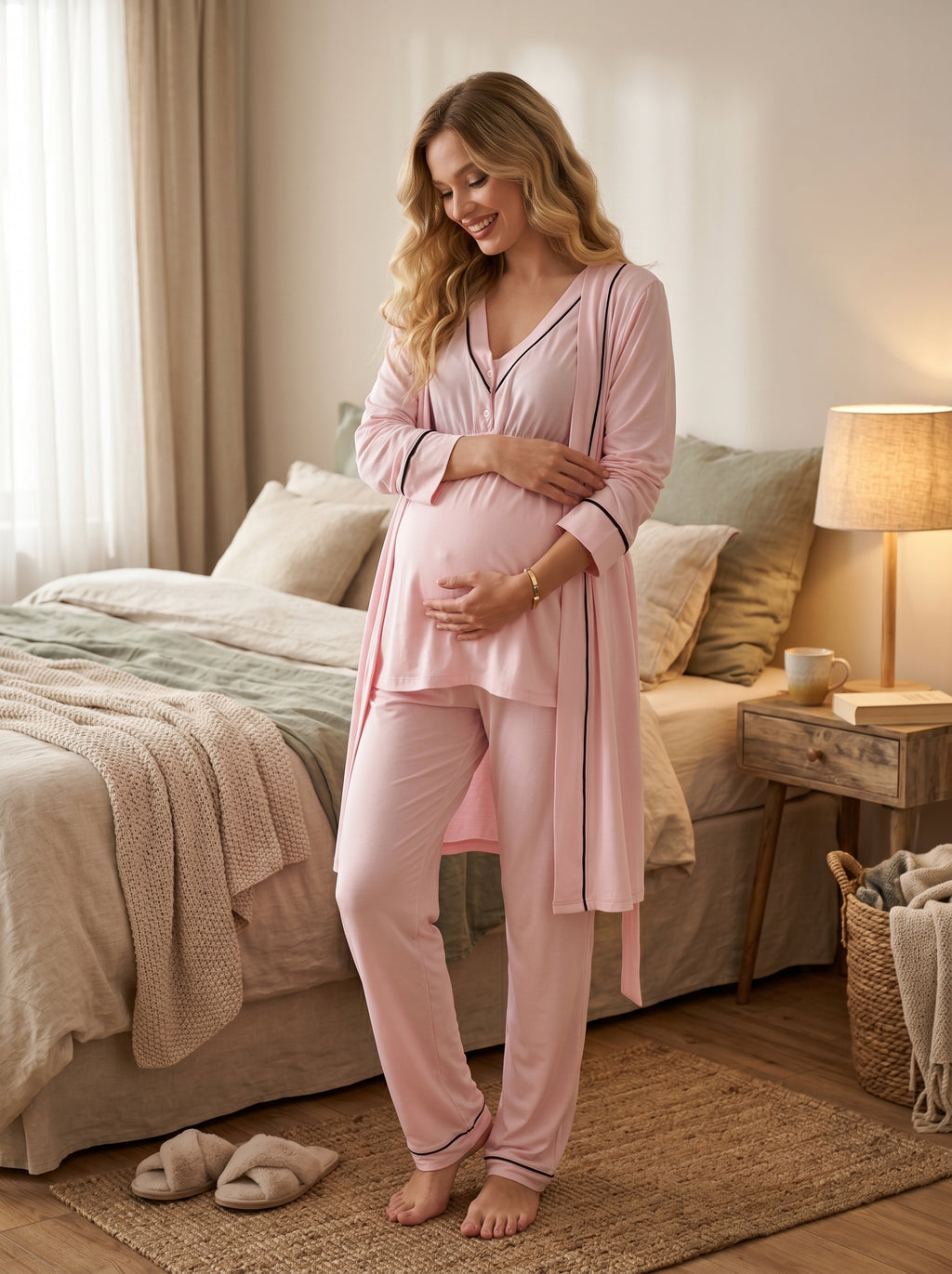 Yeni Sezon Pembe Pamuk  Kısa Kol Yazlık Özel Tasarım Hamile Lohusa Sabahlıklı Pijama Takımı Seti T10