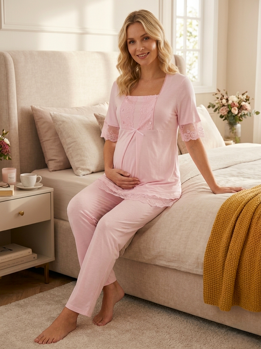 Yeni Sezon Pembe Dantel Detaylı Yazlık Düğmeli Kısa Kol Hamile %100 Pamuk Lohusa Pijama Takımı 16032