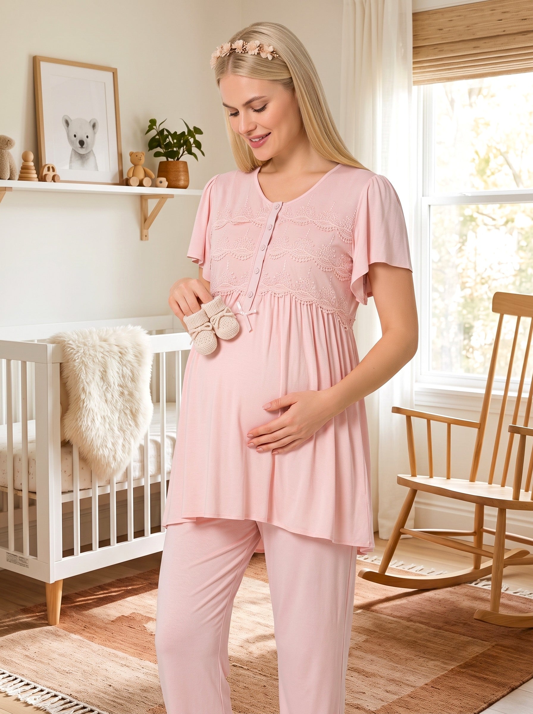 Yeni Sezon Pembe Düğmeli Dantel Detaylı Kısa kollu Özel Tasarım %100 Pamuk Emzirme Özellikli Yazlık Hamile Lohusa Pijama Takımı 33213