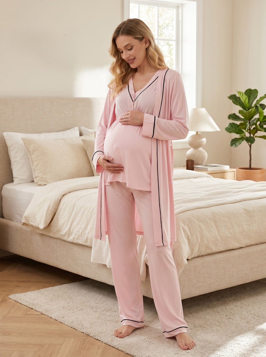 Yeni Sezon Pembe Pamuk  Kısa Kol Yazlık Özel Tasarım Hamile Lohusa Sabahlıklı Pijama Takımı Seti T10