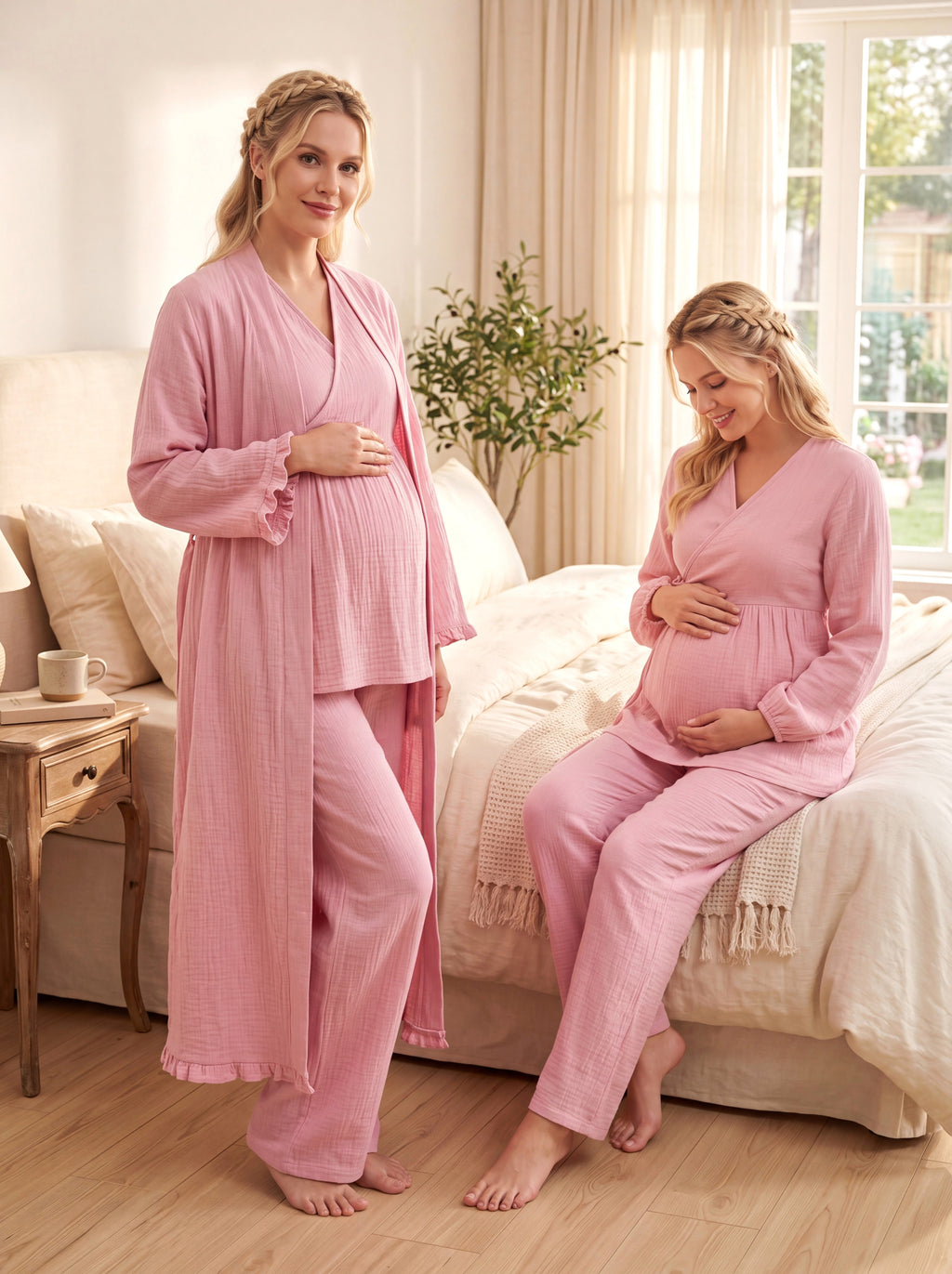Yeni Sezon Pudra Müslin Kumaş Kruvaze Emzirme Uyumlu Tasarım Uzun Kollu %100 Pamuk Hamile Lohusa Sabahlıklı Pijama Takımı Seti 13088