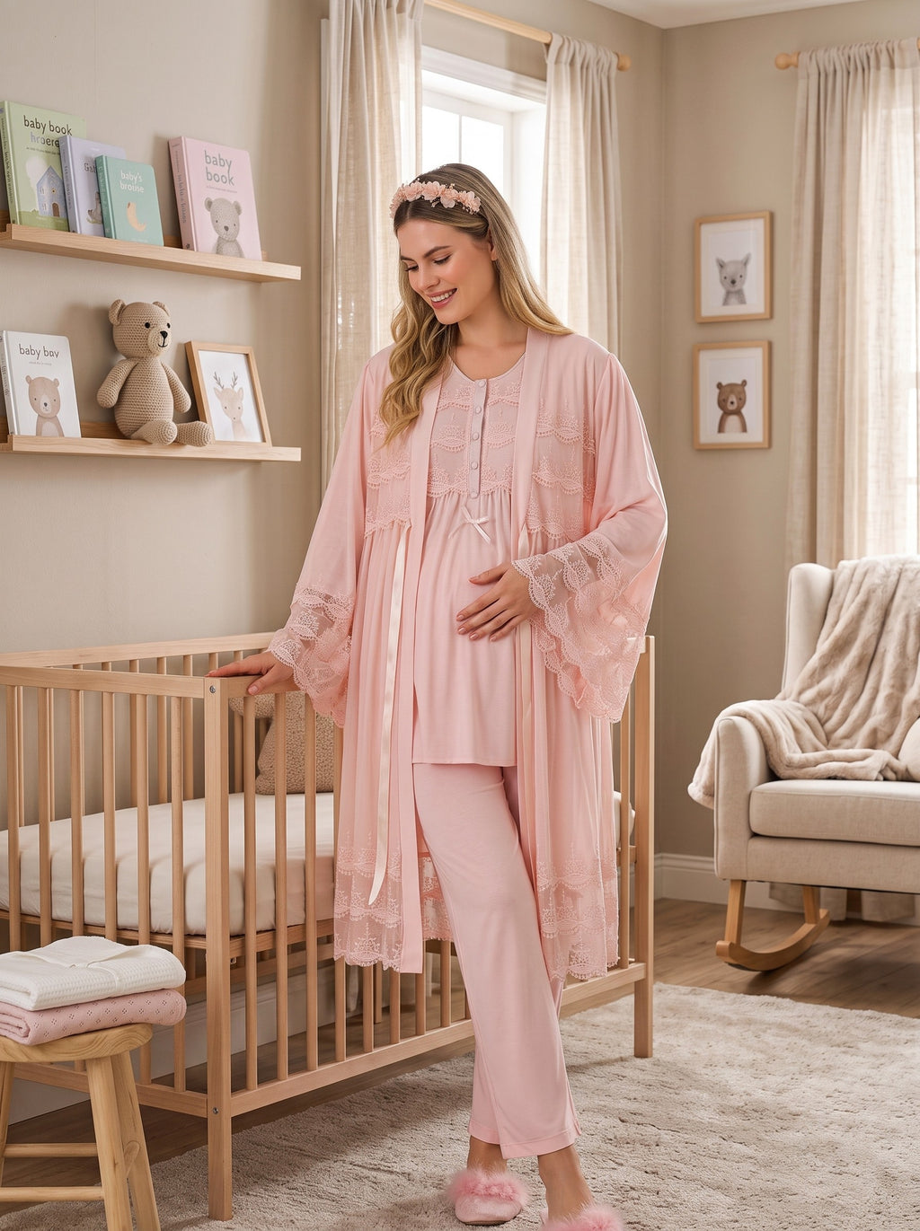 Yeni Sezon Pembe Özel Dantel Detaylı Tasarım Emzirme Özellikli Kısa Kollu Hamile Lohusa Sabahlıklı Pijama Takımı Seti 33010