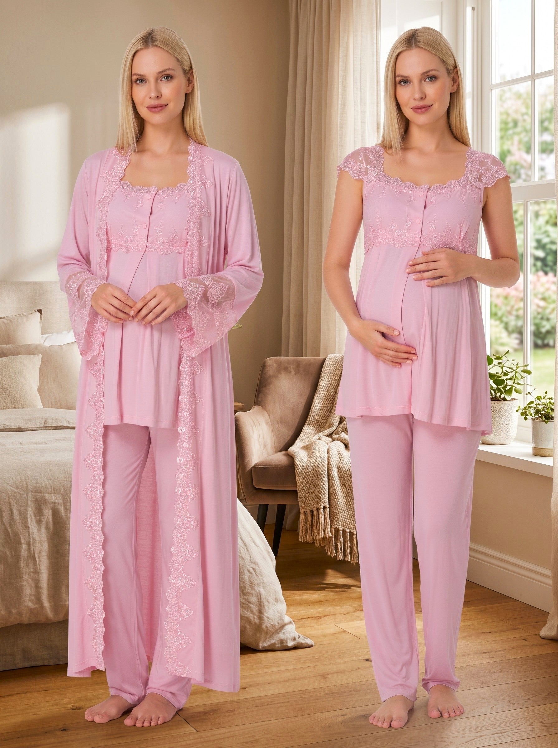 Yeni Sezon Pembe Uzun Sabahlıklı Dantel Detaylı Özel Tasarım Askılı %100 Pamuk Emzirme Özellikli Hamile Lohusa Sabahlıklı Pijama Takımı Seti 14064