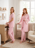 Yeni Sezon Pembe Şık Dantel Detaylı Emzirme Özellikli Tasarım Kısa Kollu Hamile Lohusa Sabahlıklı Pijama Takımı Seti 19014