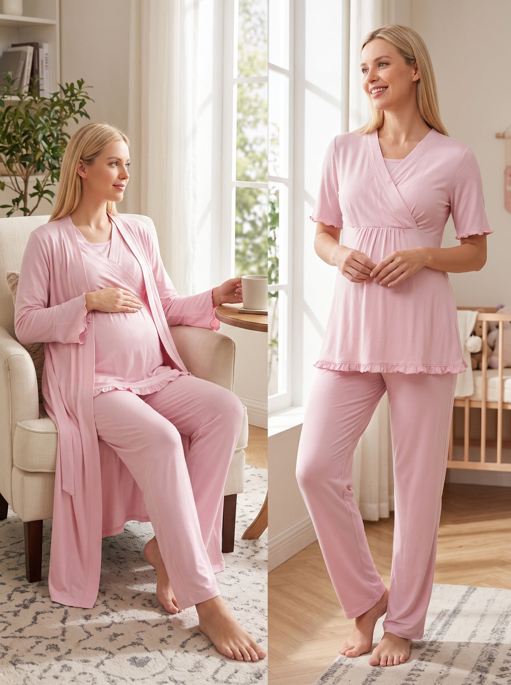 Yeni Sezon Pudra Uzun Sabahlıklı Kruvaze Yakalı Özel Tasarım Emzirme Özellikli %100 Pamuk Hamile Lohusa Sabahlıklı Pijama Takımı Seti 13034