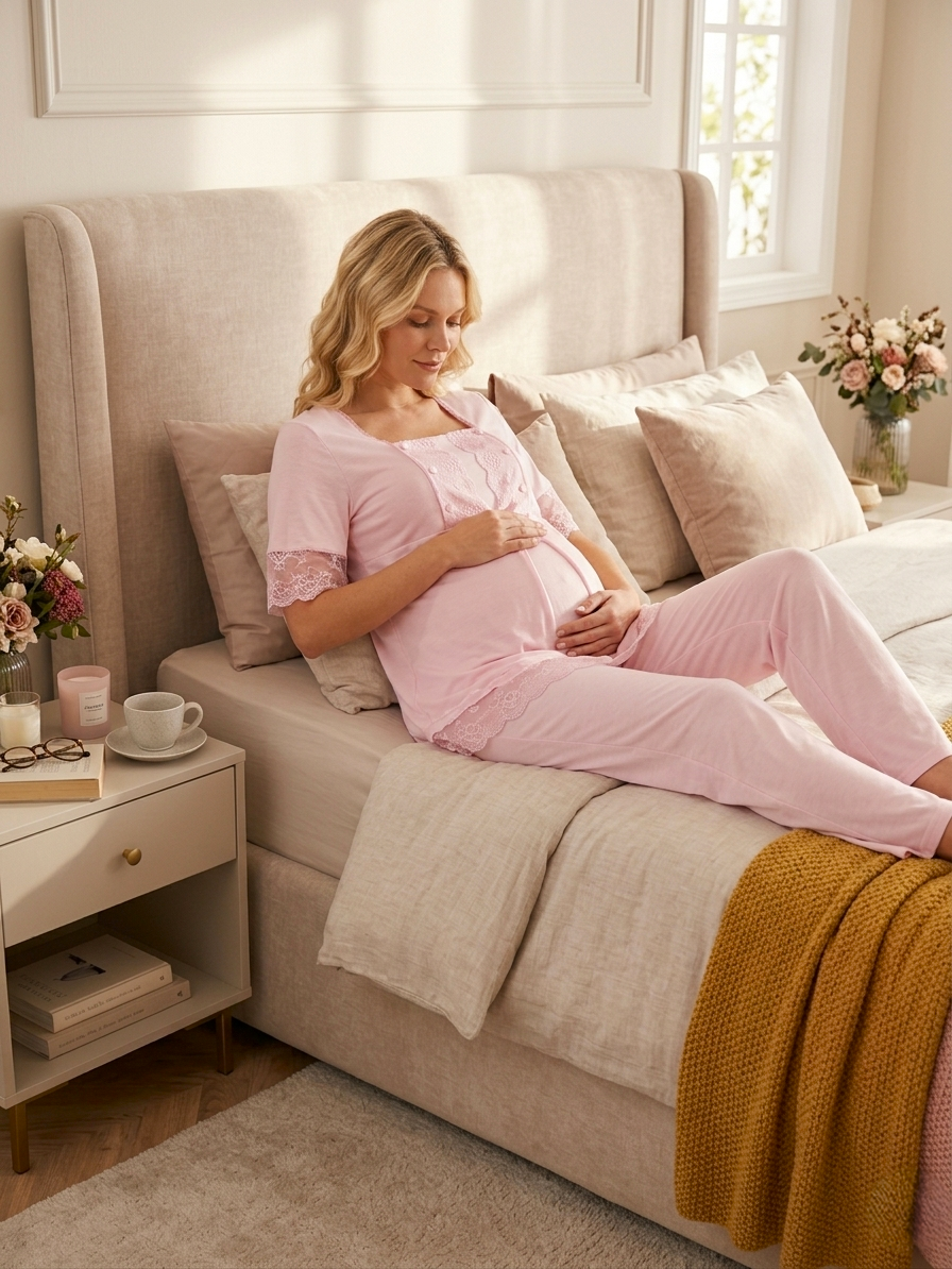 Yeni Sezon Pembe Dantel Detaylı Yazlık Düğmeli Kısa Kol Hamile %100 Pamuk Lohusa Pijama Takımı 16032