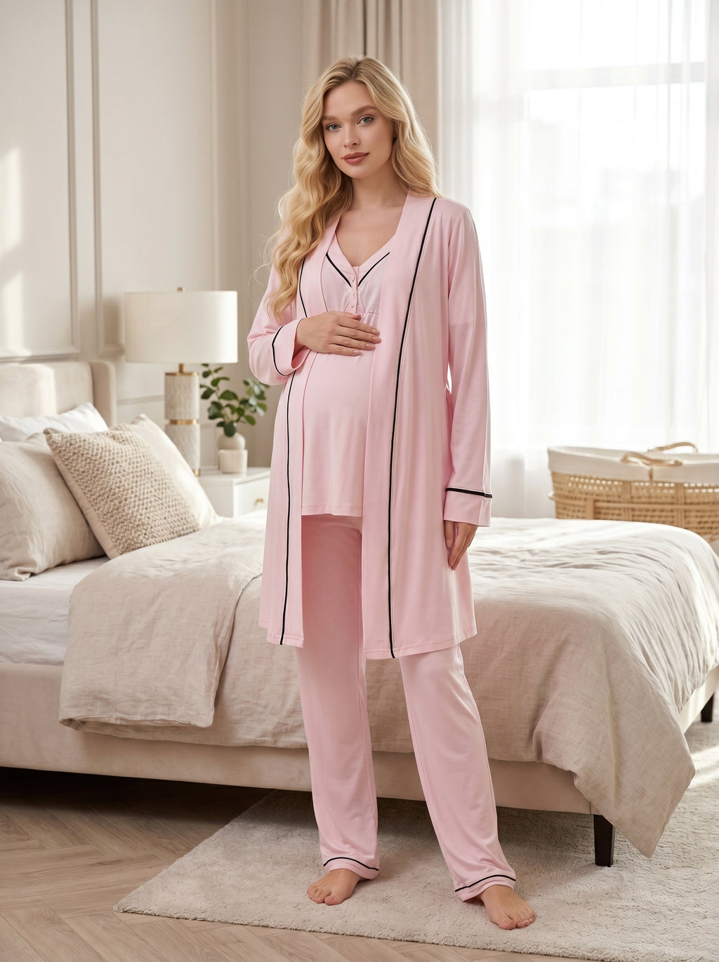 Yeni Sezon Pembe Pamuk  Kısa Kol Yazlık Özel Tasarım Hamile Lohusa Sabahlıklı Pijama Takımı Seti T10