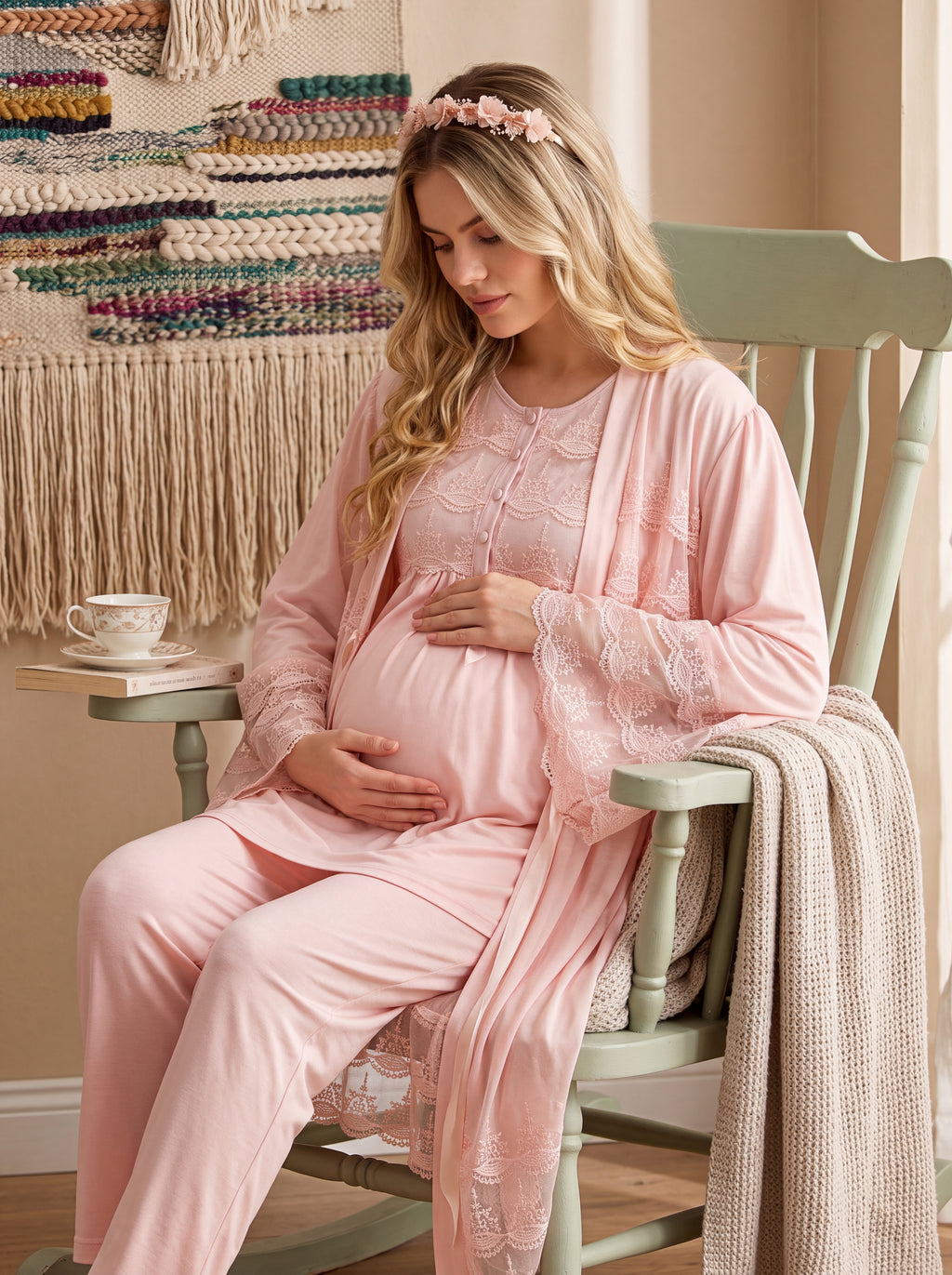 Yeni Sezon Pembe Özel Dantel Detaylı Tasarım Emzirme Özellikli Kısa Kollu Hamile Lohusa Sabahlıklı Pijama Takımı Seti 33010