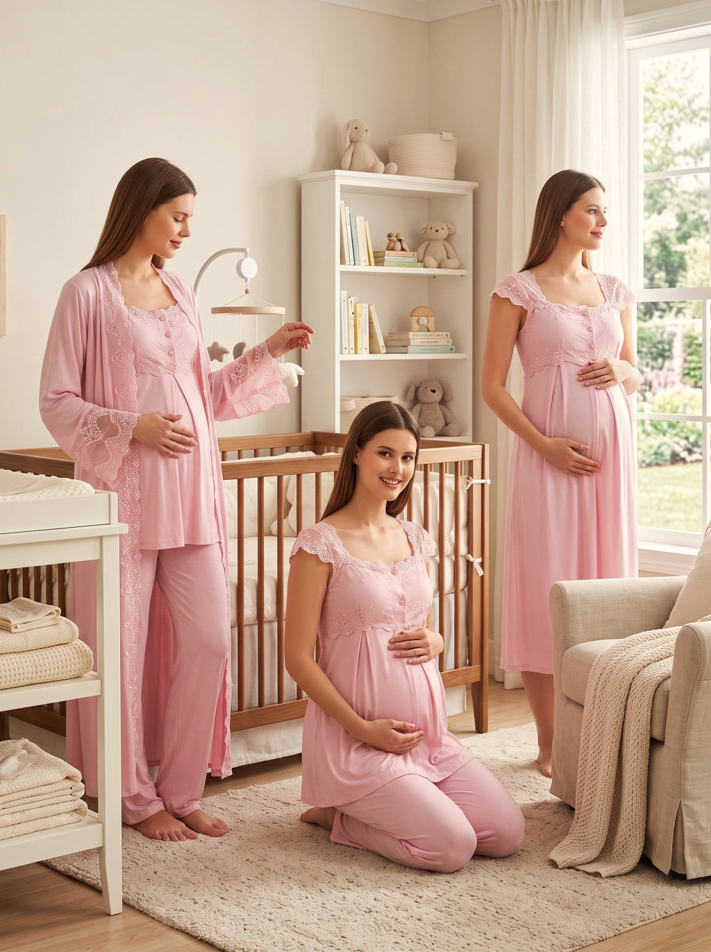 Yeni Sezon Pembe Özel Dantel Detaylı Askılı %100 Pamuk Emzirme Özellikli Tasarım Hamile Lohusa Sabahlık Gecelik Pijama Takımı 4'Lü Lohusa Seti 14066