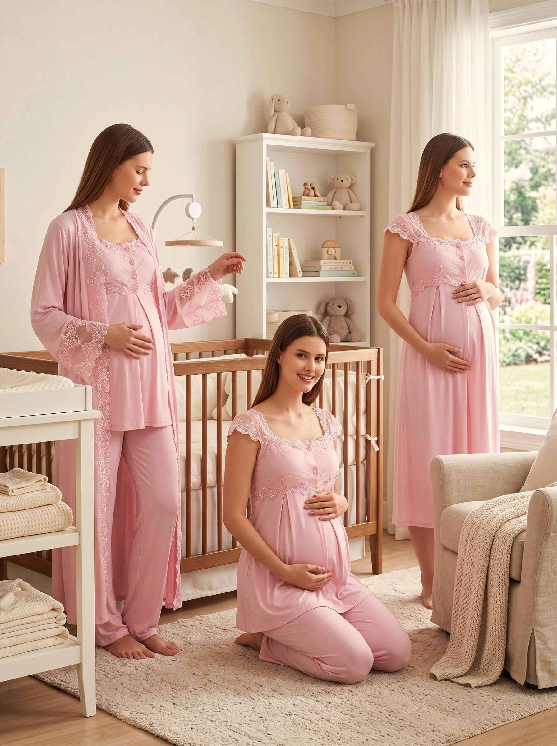 Yeni Sezon Pembe Özel Dantel Detaylı Askılı %100 Pamuk Emzirme Özellikli Tasarım Hamile Lohusa Sabahlık Gecelik Pijama Takımı 4'Lü Lohusa Seti 14066