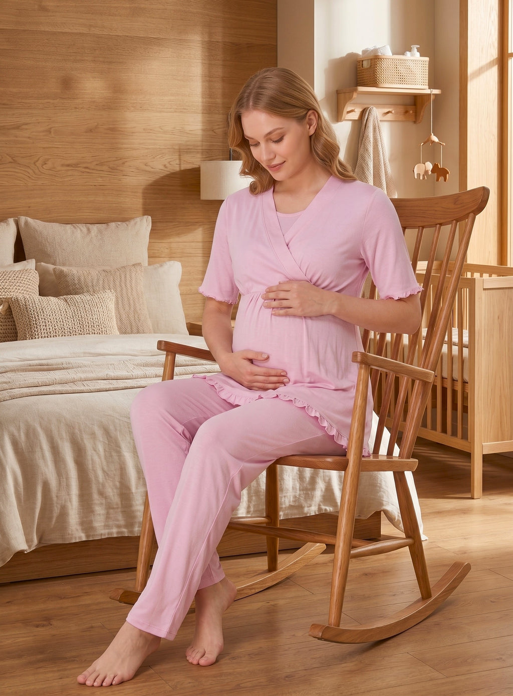 Yeni Sezon Pudra Kruvaze Yaka Emzirme Özellikli Tasarım Kısa Kollu %100 Pamuk Hamile Lohusa Pijama Takımı 13032