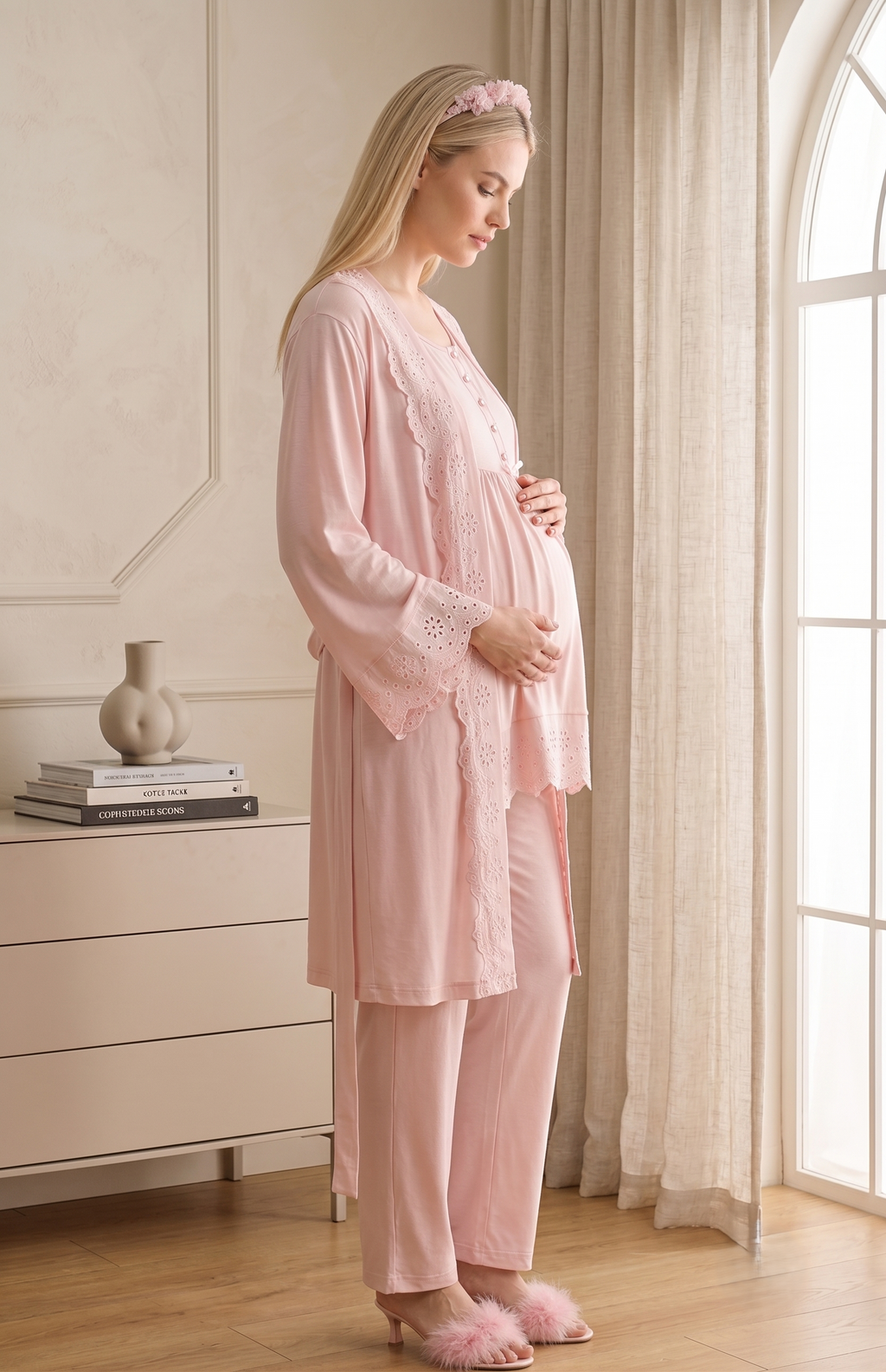 Yeni Sezon Pudra Fisto Keten Detaylı Özel Tasarım %100 Pamuk Emzirme Özellikli Hamile Lohusa Sabahlıklı Pijama Takımı Seti 33011