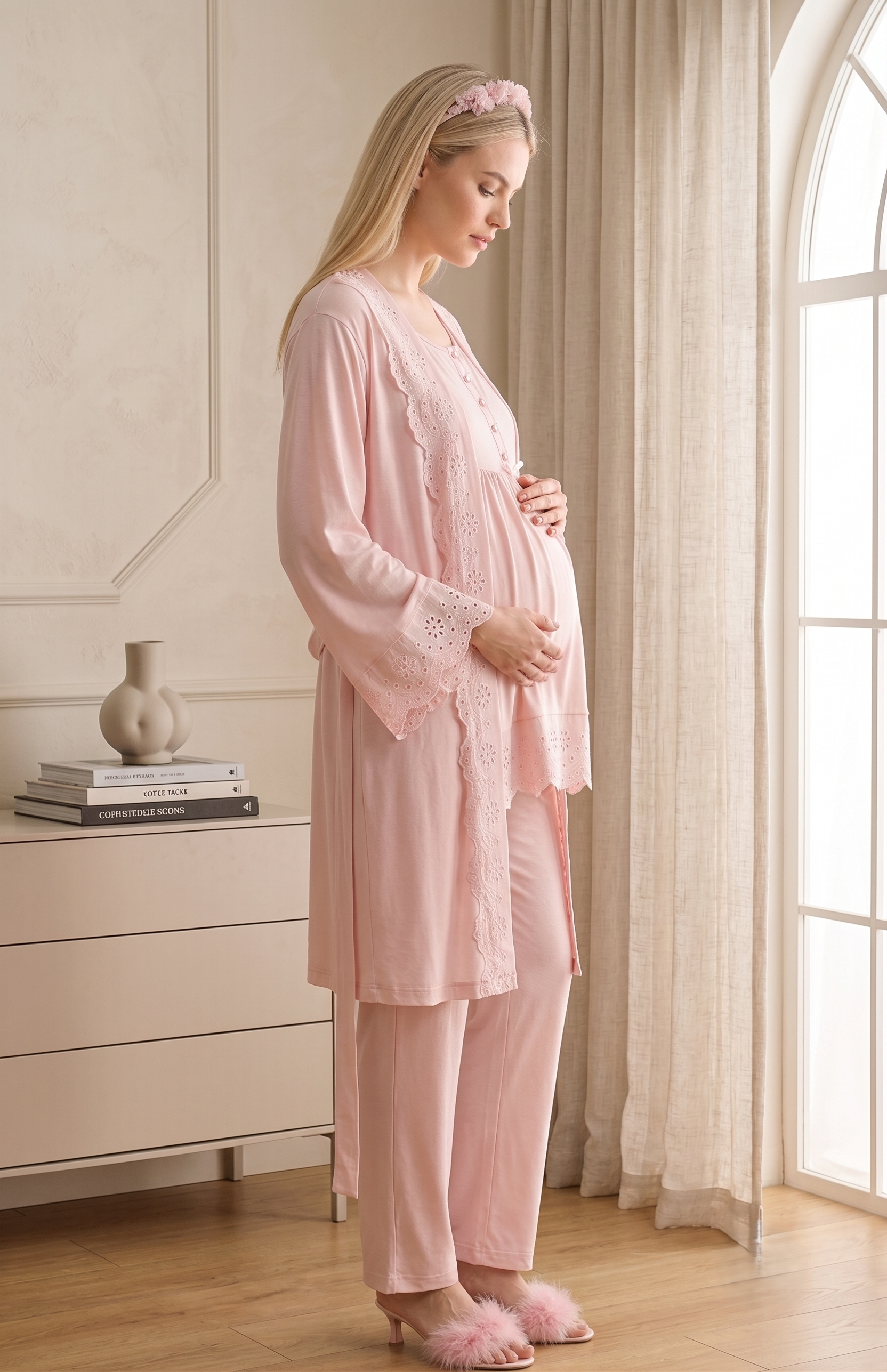 Yeni Sezon Pudra Fisto Keten Detaylı Özel Tasarım %100 Pamuk Emzirme Özellikli Hamile Lohusa Sabahlıklı Pijama Takımı Seti 33011