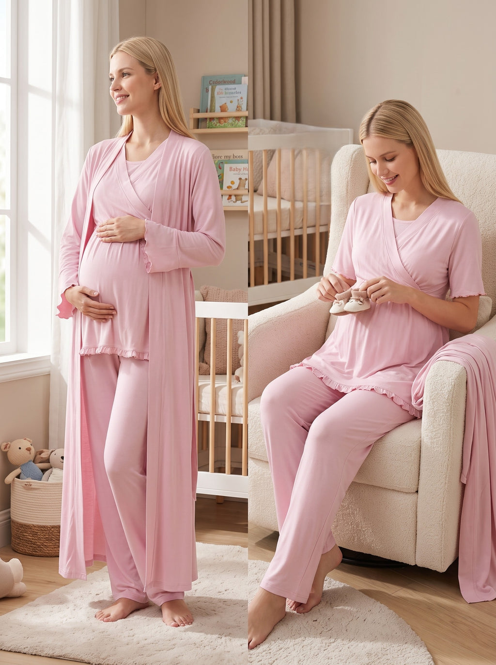 Yeni Sezon Pudra Uzun Sabahlıklı Kruvaze Yakalı Özel Tasarım Emzirme Özellikli %100 Pamuk Hamile Lohusa Sabahlıklı Pijama Takımı Seti 13034