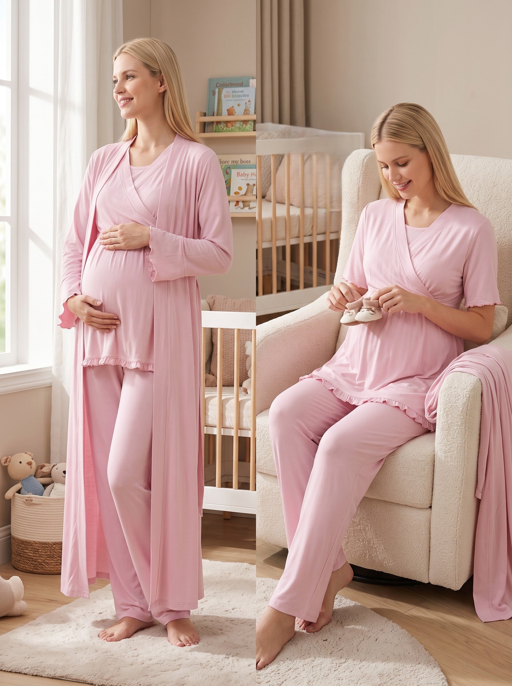 Yeni Sezon Pudra Uzun Sabahlıklı Kruvaze Yakalı Özel Tasarım Emzirme Özellikli %100 Pamuk Hamile Lohusa Sabahlıklı Pijama Takımı Seti 13034
