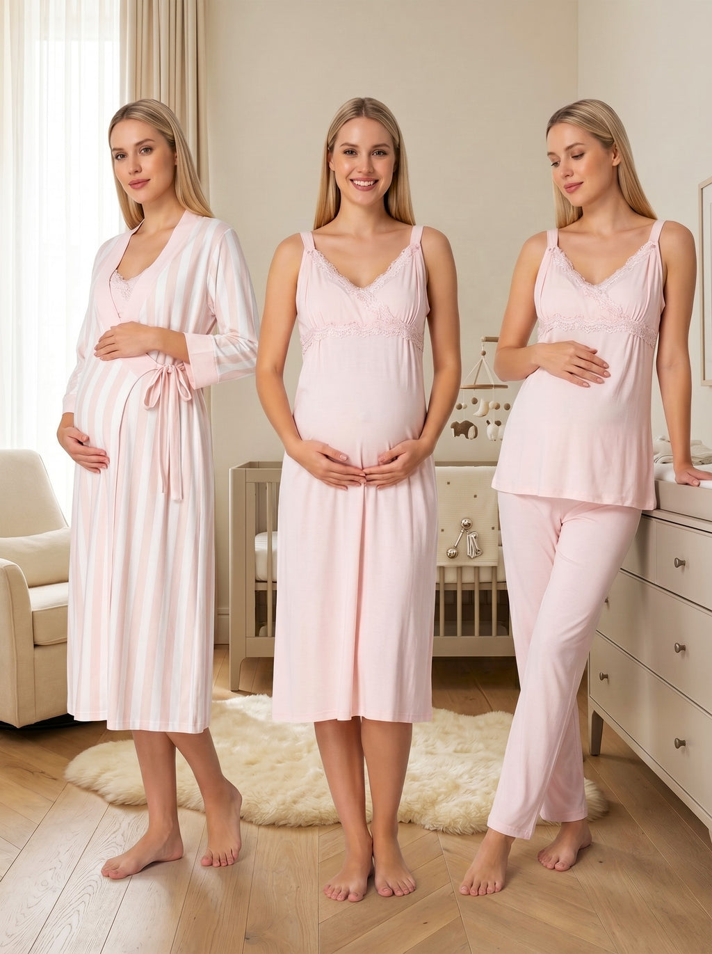 Yeni Sezon Pudra Yazlık Çizgili Uzun Sabahlıklı Tasarım Askılı %100 Pamuk Hamile Lohusa Sabahlık Gecelik Pijama Takımı 4'Lü Lohusa Seti 19036