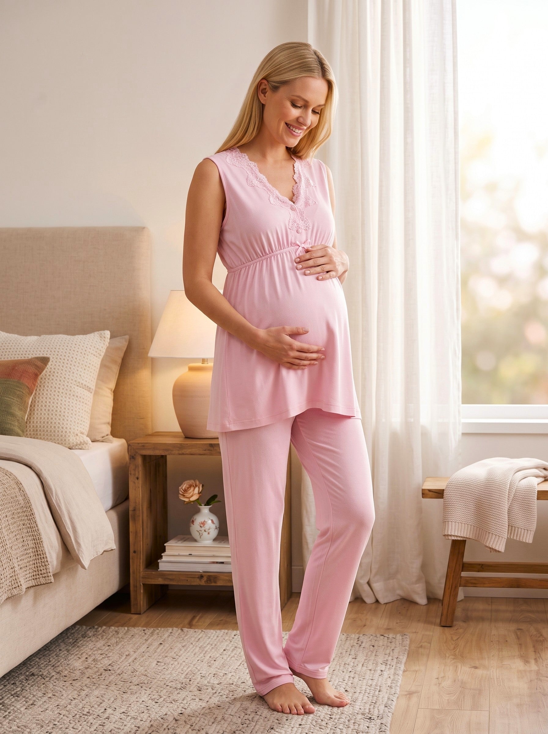 Yeni Sezon Pembe Geniş Askılı V Yaka Özel Tasarım %100 Pamuk Emzirme Özellikli Yazlık Hamile Lohusa Pijama Takımı 18032