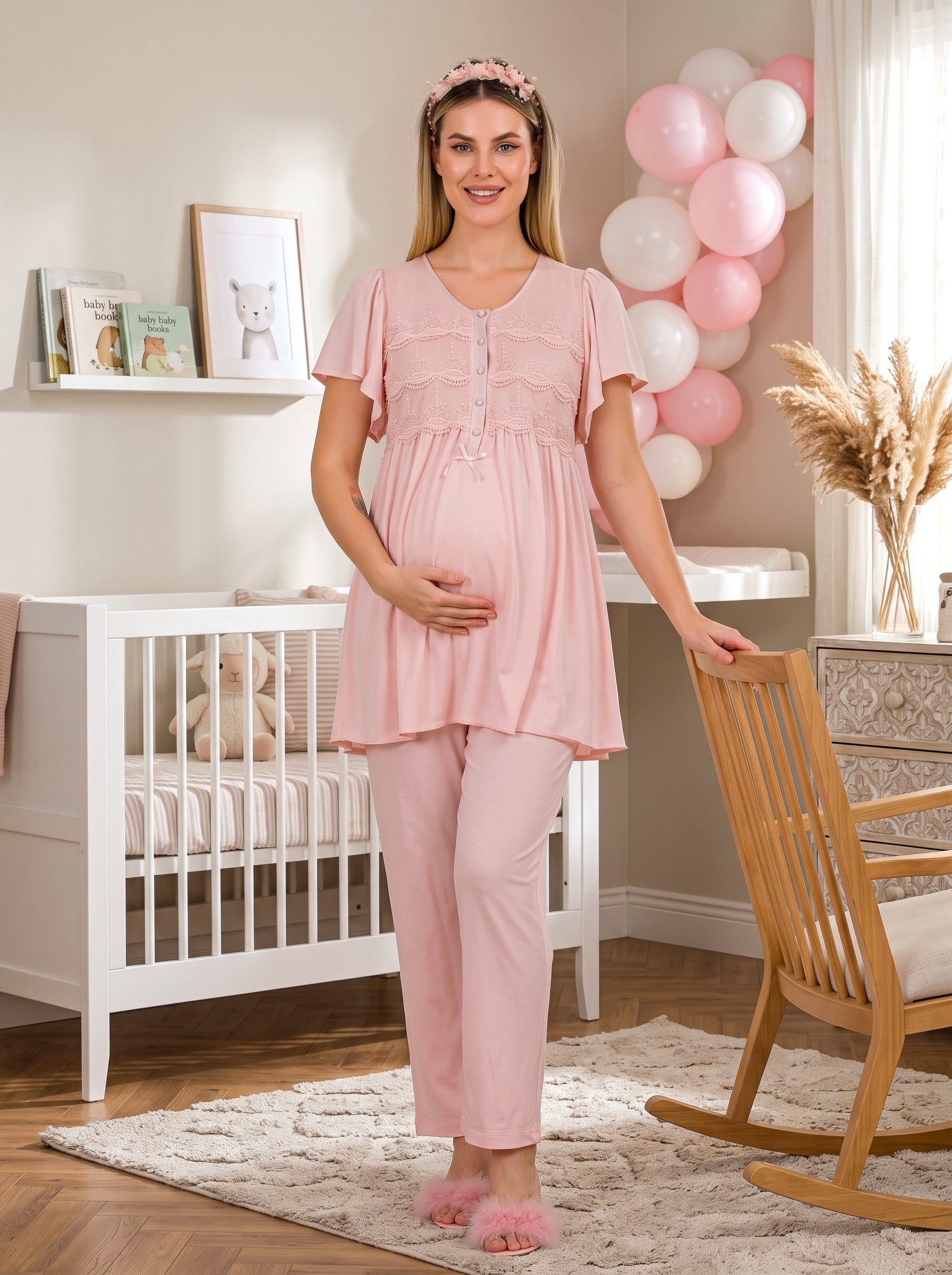 Yeni Sezon Pembe Düğmeli Dantel Detaylı Kısa kollu Özel Tasarım %100 Pamuk Emzirme Özellikli Yazlık Hamile Lohusa Pijama Takımı 33213