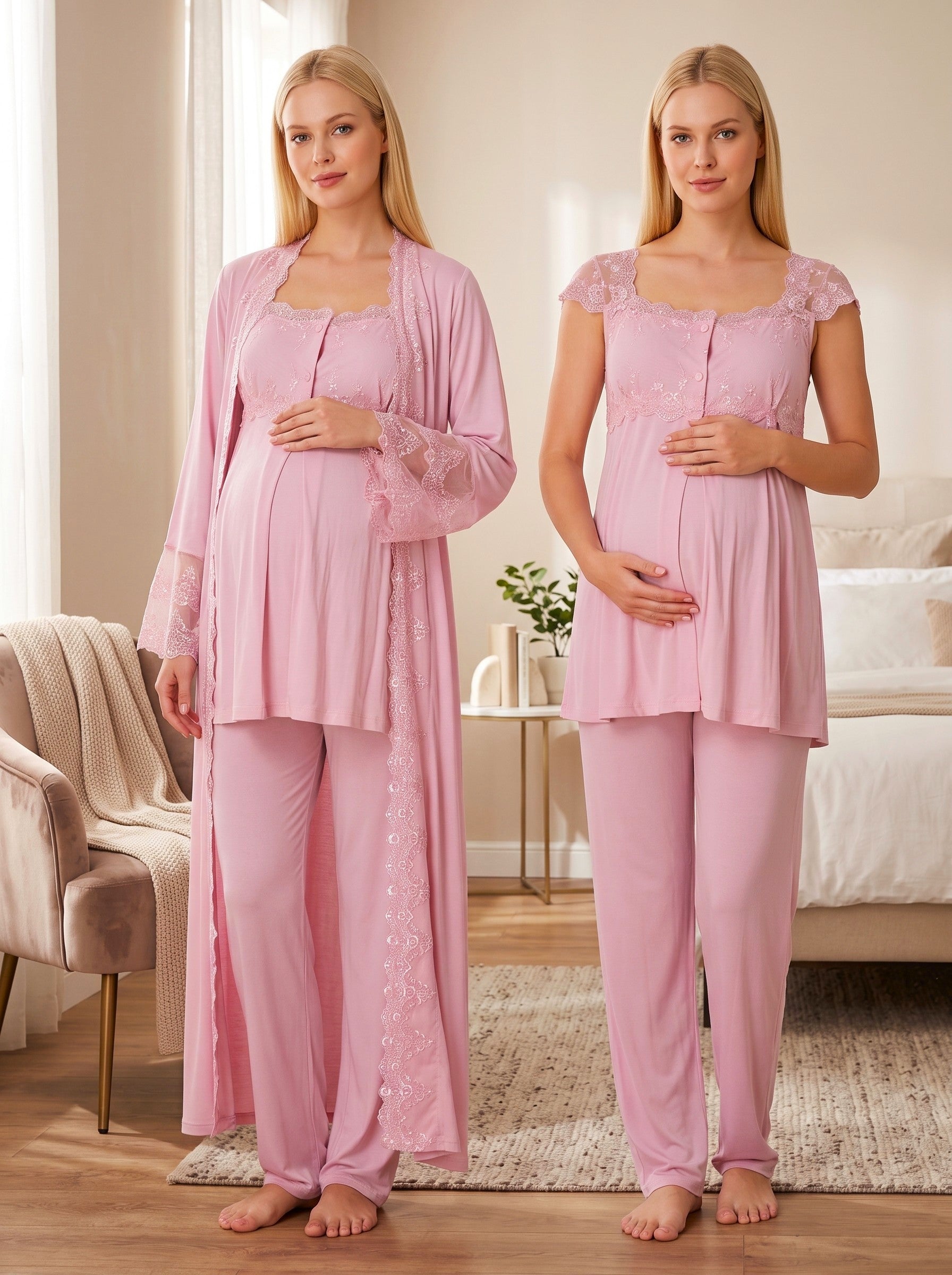 Yeni Sezon Pembe Uzun Sabahlıklı Dantel Detaylı Özel Tasarım Askılı %100 Pamuk Emzirme Özellikli Hamile Lohusa Sabahlıklı Pijama Takımı Seti 14064