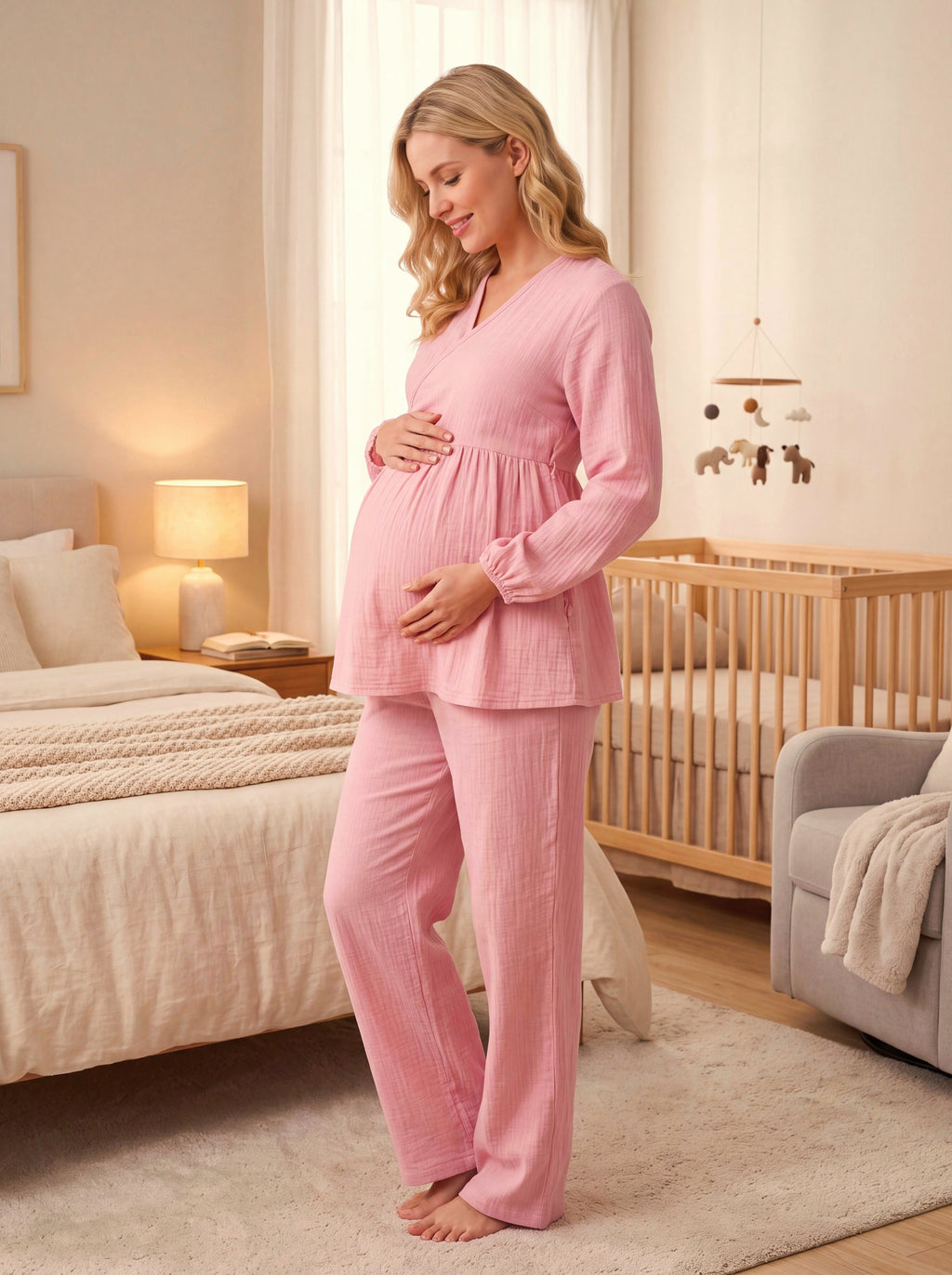 Yeni Sezon Pudra Müslin Kumaş Kruvaze Bağlamalı Emzirme Özellikli Özel Tasarım Uzun Kol %100 Pamuk Hamile Lohusa Pijama Takımı 13087