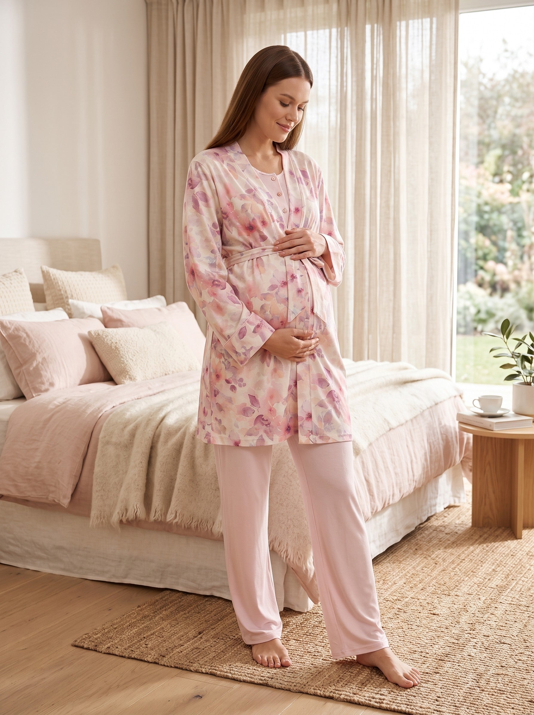 Yeni Sezon Pembe Çiçek Desenli Dantel Detaylı Tasarım Düğmeli Kısa Kol %100 Pamuk Hamile Lohusa Sabahlıklı Pijama Takımı Seti R715