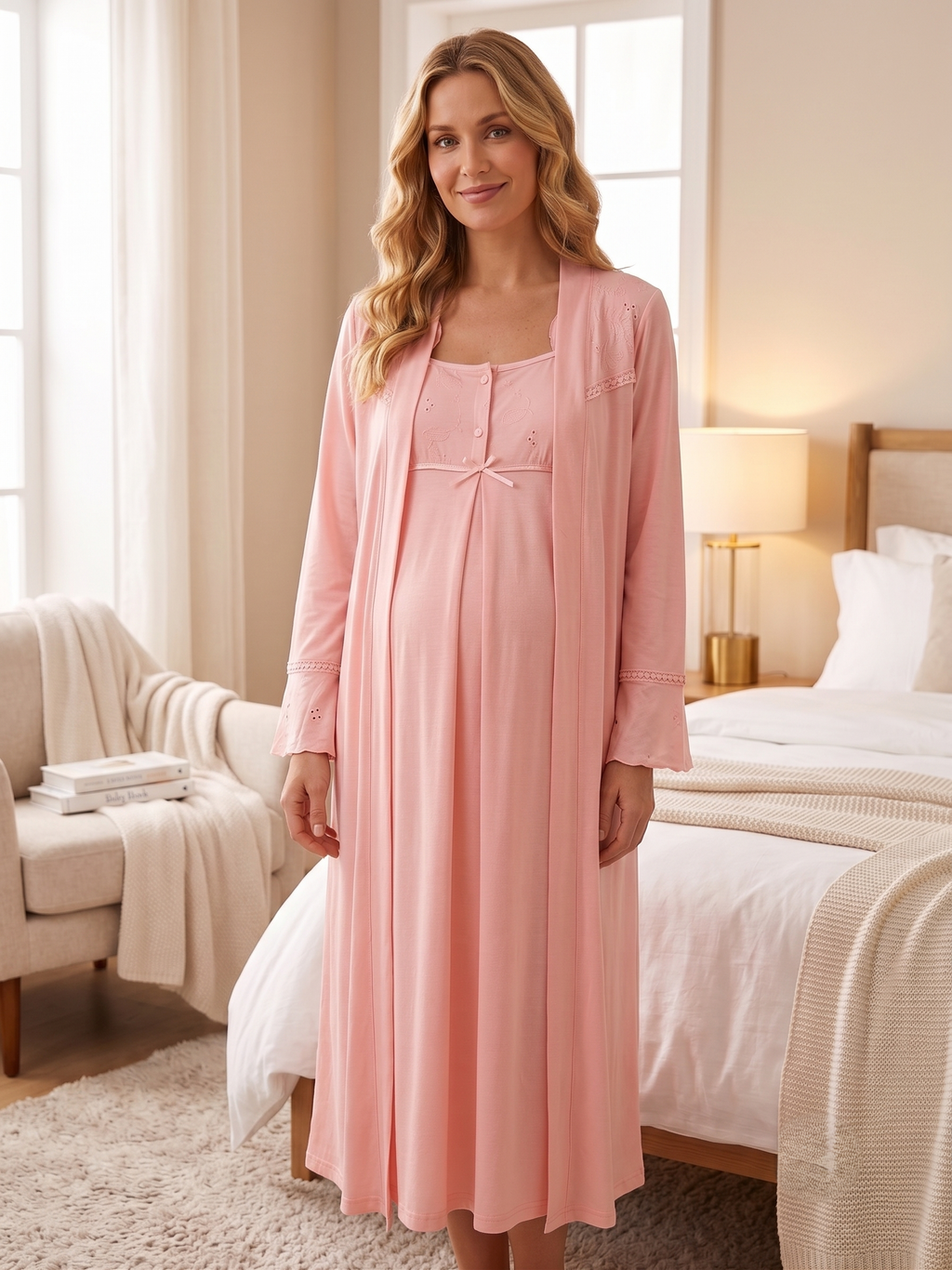 Yeni Sezon Pudra Yazlık Fisto Keten Detaylı Özel Tasarım %100 Pamuk Emzirme Özellikli Lohusa Hamile Sabahlıklı Gecelik Seti 15025