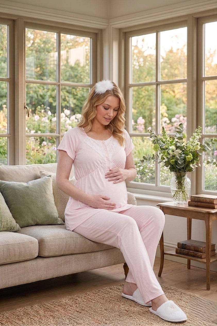 Yeni Sezon Pembe Özel Dantel Detaylı Tasarım %100 Pamuk Hamile Lohusa Sabahlıklı Pijama Takımı Seti 6203
