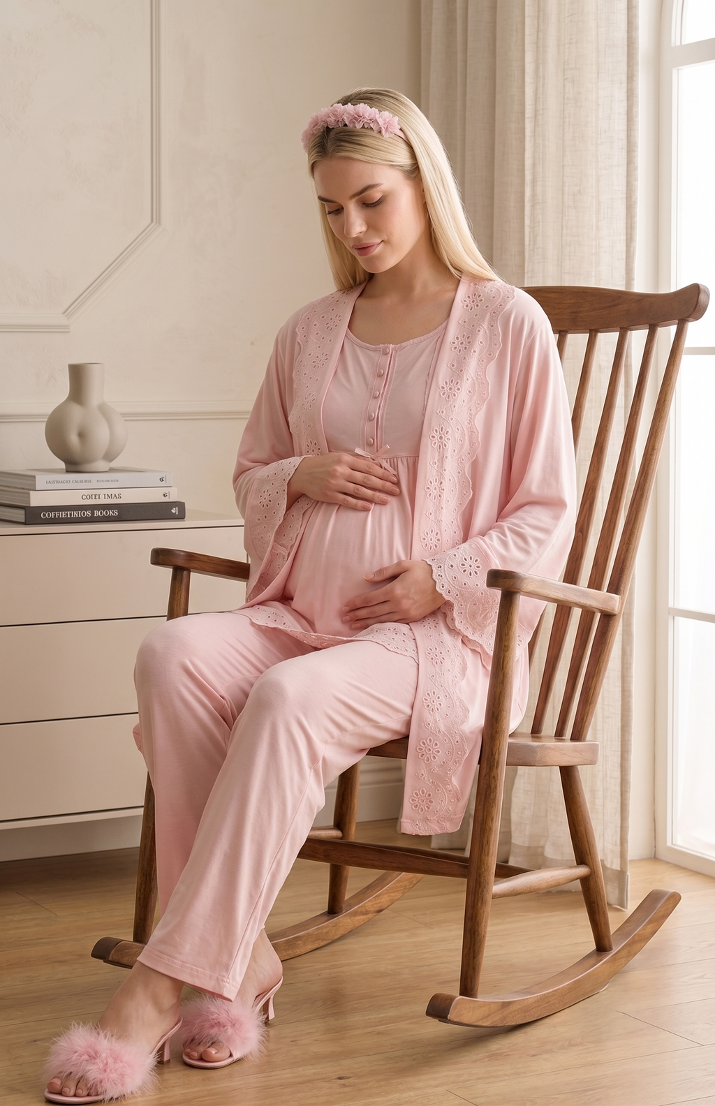 Yeni Sezon Pudra Fisto Keten Detaylı Özel Tasarım %100 Pamuk Emzirme Özellikli Hamile Lohusa Sabahlıklı Pijama Takımı Seti 33011