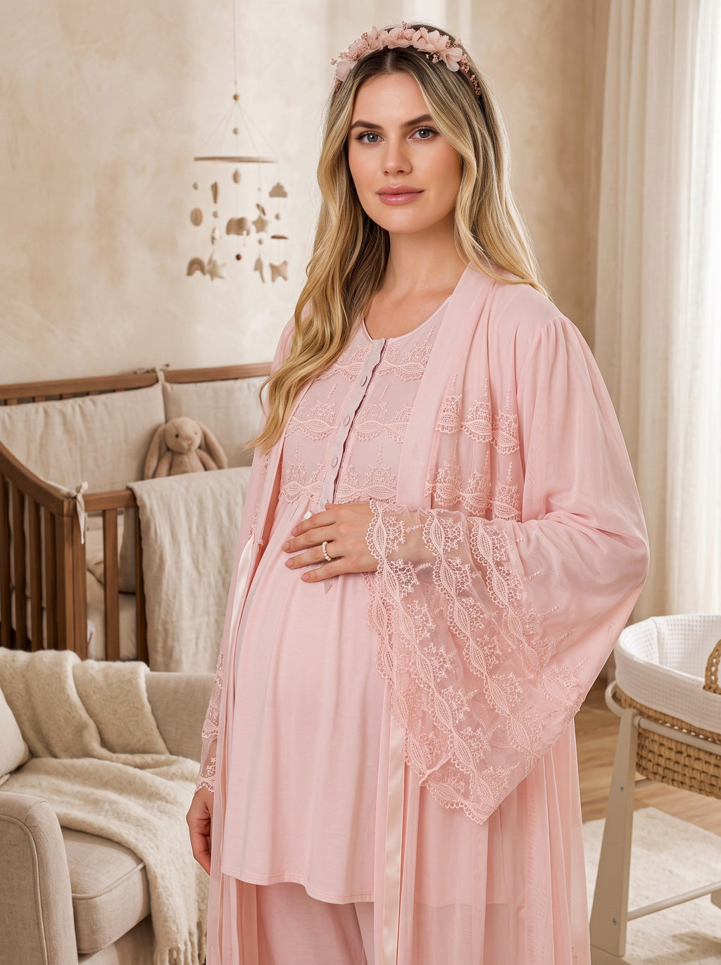 Yeni Sezon Pembe Özel Dantel Detaylı Tasarım Emzirme Özellikli Kısa Kollu Hamile Lohusa Sabahlıklı Pijama Takımı Seti 33010