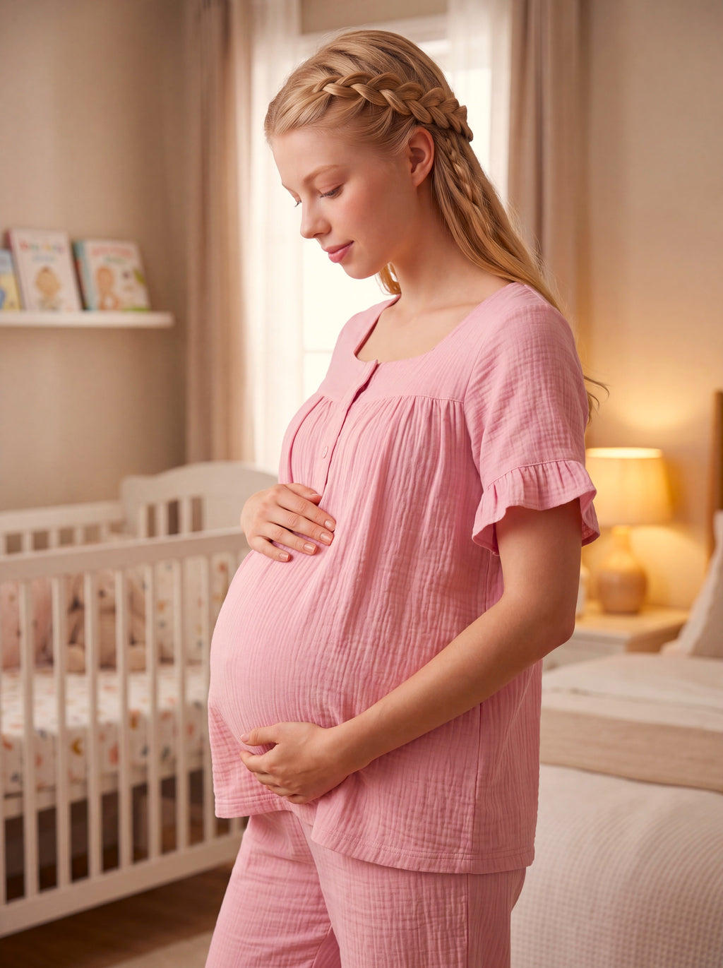Yeni Sezon Pudra Müslin Kumaş Düğmeli Kolay Emzirme Özellikli Tasarım Fırfır Kol Detaylı Yazlık %100 Pamuk Hamile Lohusa Pijama Takımı 13082