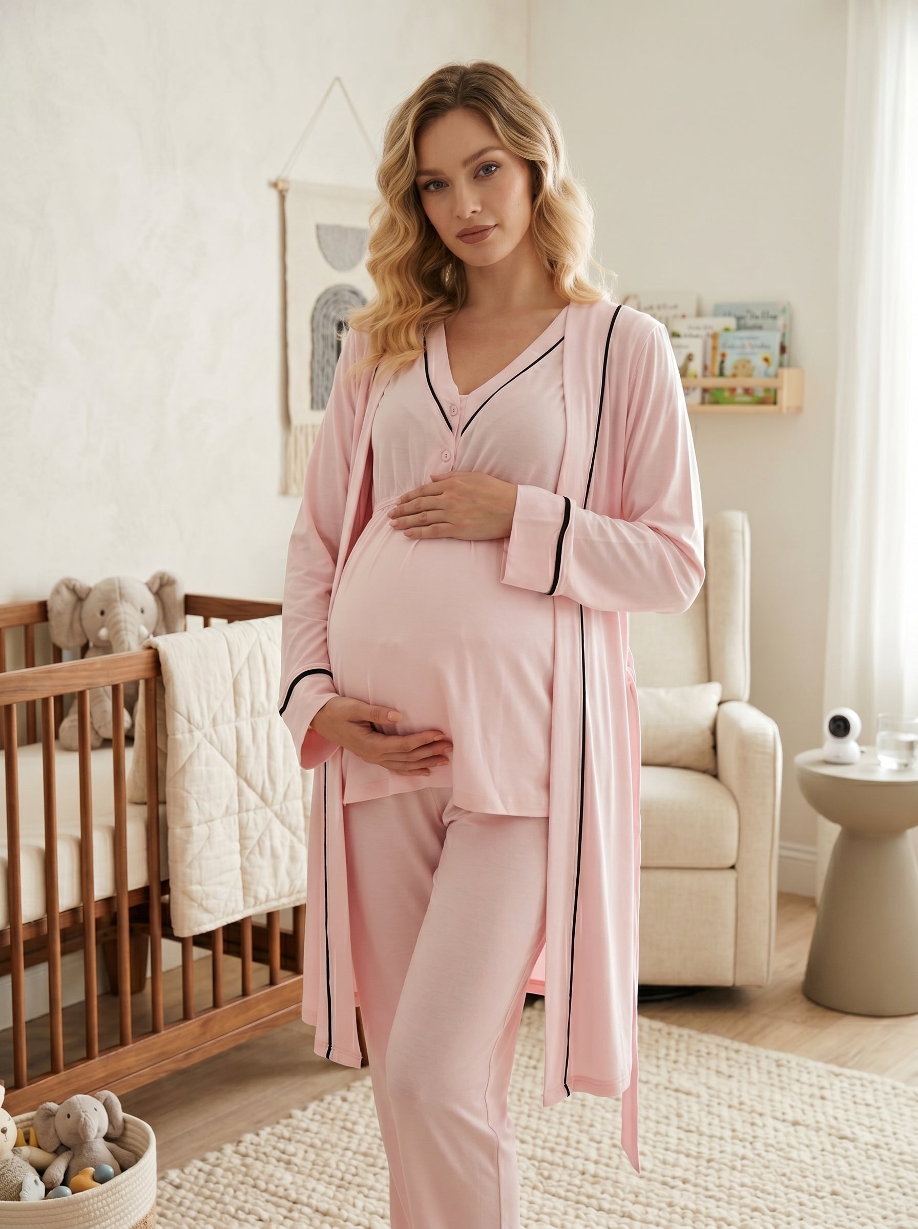 Yeni Sezon Pembe Pamuk  Kısa Kol Yazlık Özel Tasarım Hamile Lohusa Sabahlıklı Pijama Takımı Seti T10