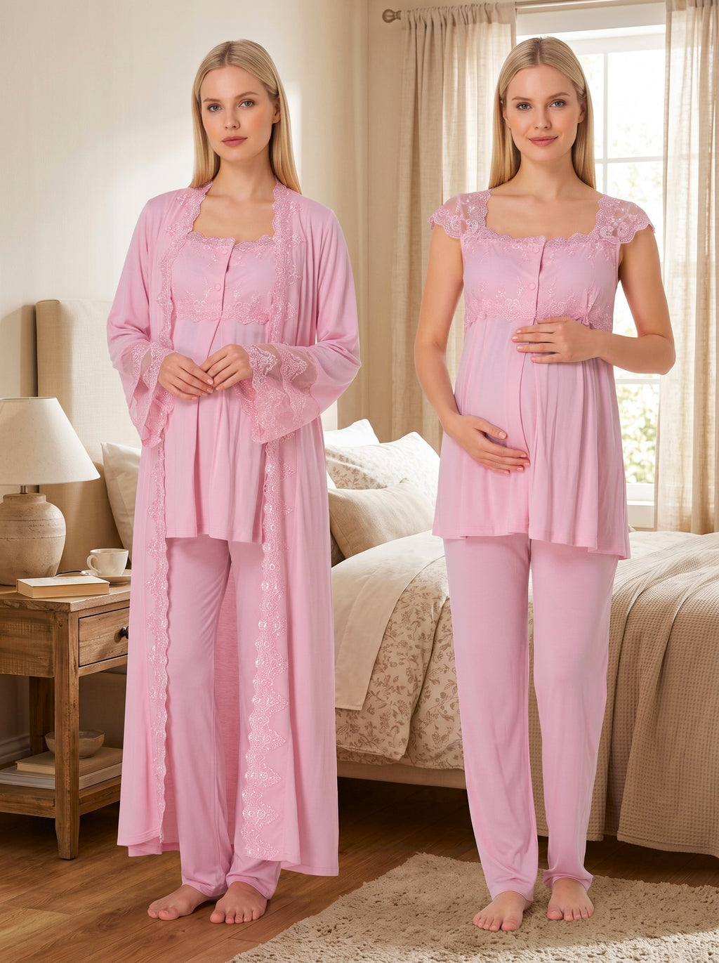 Yeni Sezon Pembe Uzun Sabahlıklı Dantel Detaylı Özel Tasarım Askılı %100 Pamuk Emzirme Özellikli Hamile Lohusa Sabahlıklı Pijama Takımı Seti 14064