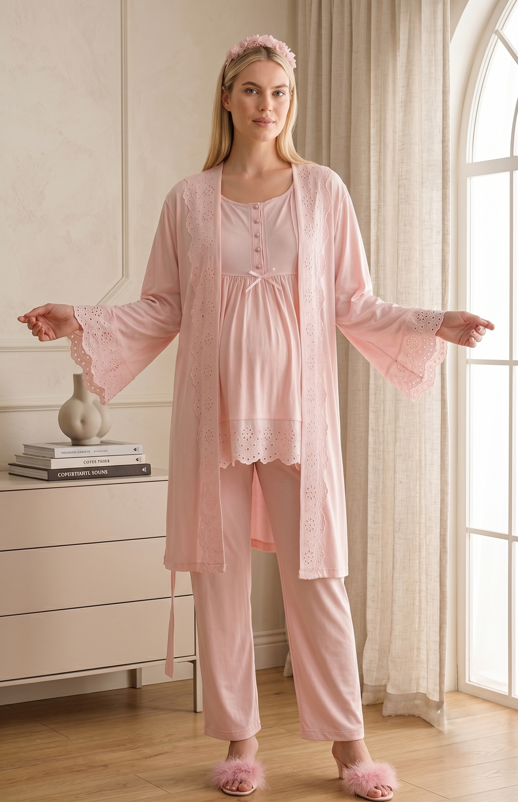 Yeni Sezon Pudra Fisto Keten Detaylı Özel Tasarım %100 Pamuk Emzirme Özellikli Hamile Lohusa Sabahlıklı Pijama Takımı Seti 33011