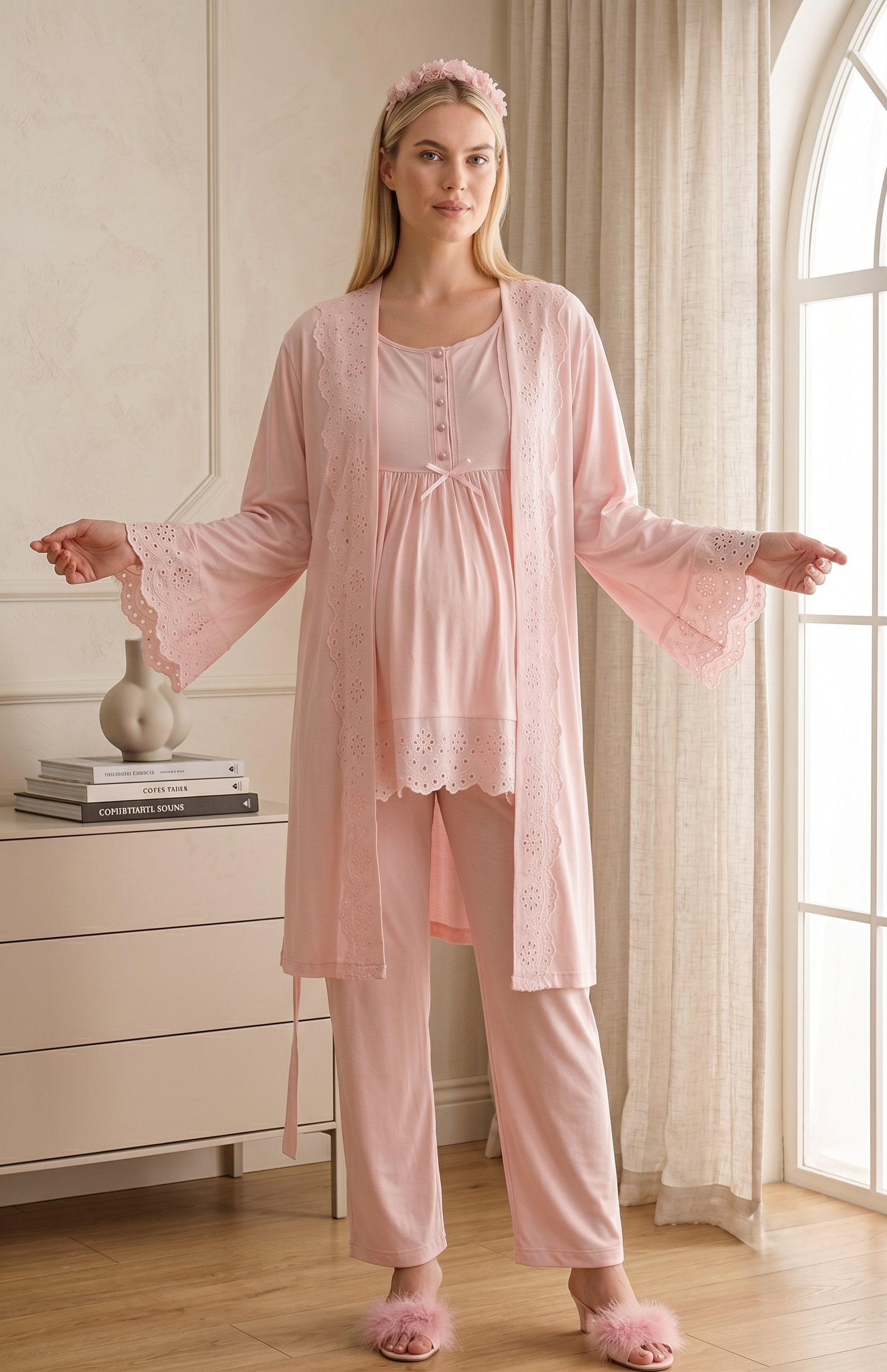 Yeni Sezon Pudra Fisto Keten Detaylı Özel Tasarım %100 Pamuk Emzirme Özellikli Hamile Lohusa Sabahlıklı Pijama Takımı Seti 33011