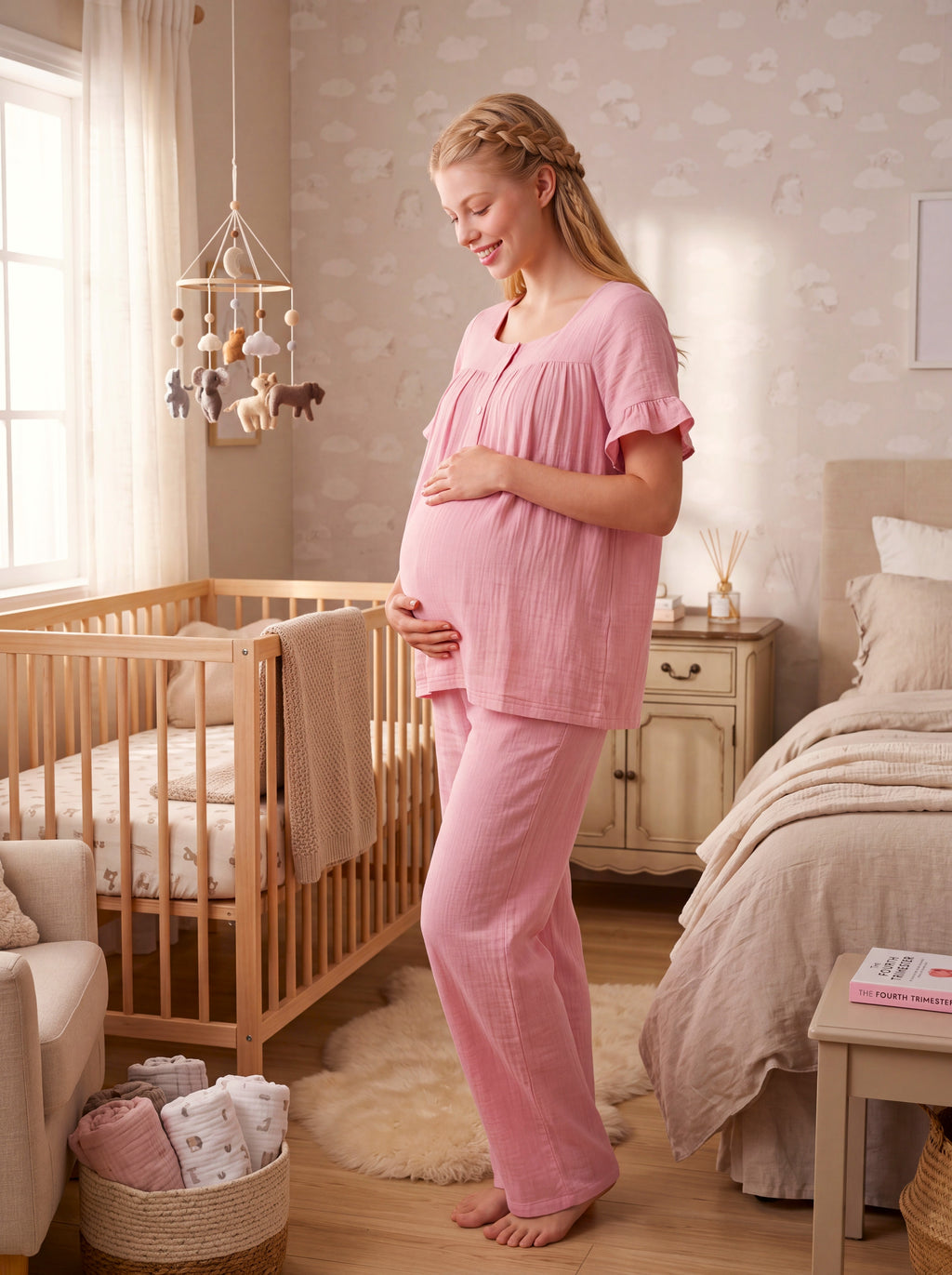 Yeni Sezon Pudra Müslin Kumaş Düğmeli Kolay Emzirme Özellikli Tasarım Fırfır Kol Detaylı Yazlık %100 Pamuk Hamile Lohusa Pijama Takımı 13082