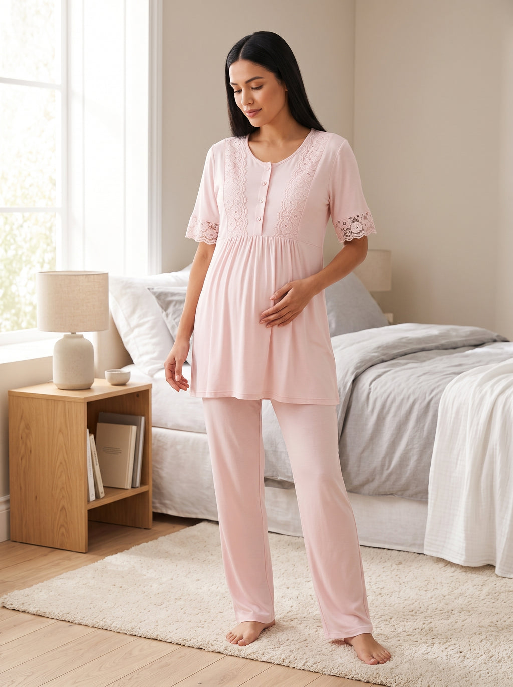 Yeni Sezon Pembe Çiçek Desenli Dantel Detaylı Tasarım Düğmeli Kısa Kol %100 Pamuk Hamile Lohusa Sabahlıklı Pijama Takımı Seti R715
