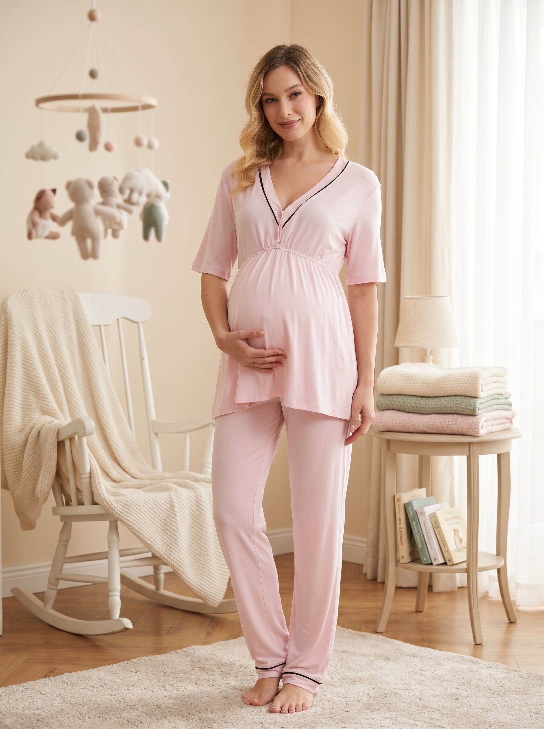 Yeni Sezon Pembe Pamuk  Kısa Kol Yazlık Özel Tasarım Hamile Lohusa Sabahlıklı Pijama Takımı Seti T10