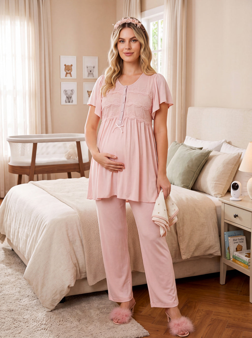 Yeni Sezon Pembe Özel Dantel Detaylı Tasarım Emzirme Özellikli Kısa Kollu Hamile Lohusa Sabahlıklı Pijama Takımı Seti 33010