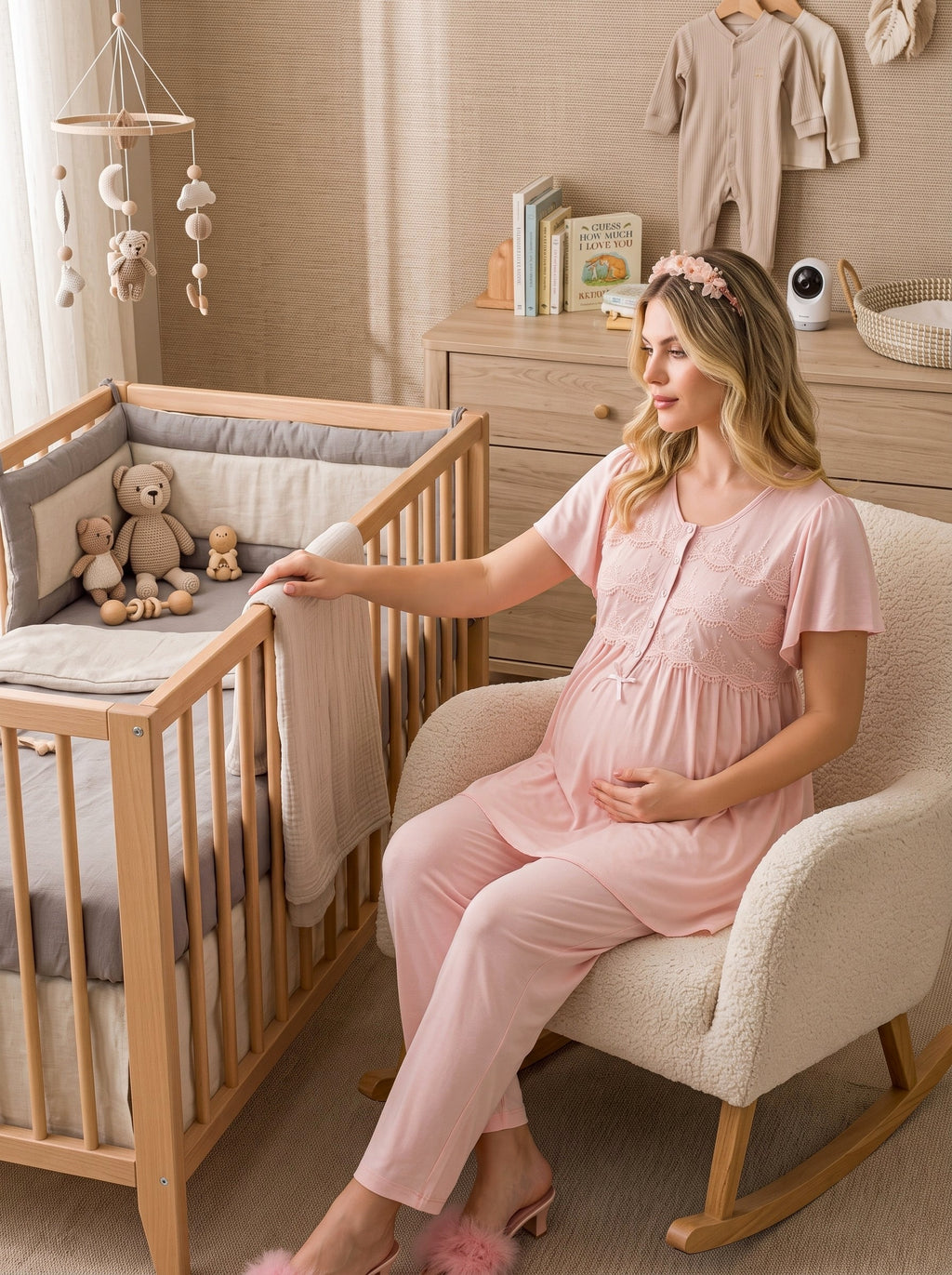 Yeni Sezon Pembe Özel Dantel Detaylı Tasarım Emzirme Özellikli Kısa Kollu Hamile Lohusa Sabahlıklı Pijama Takımı Seti 33010