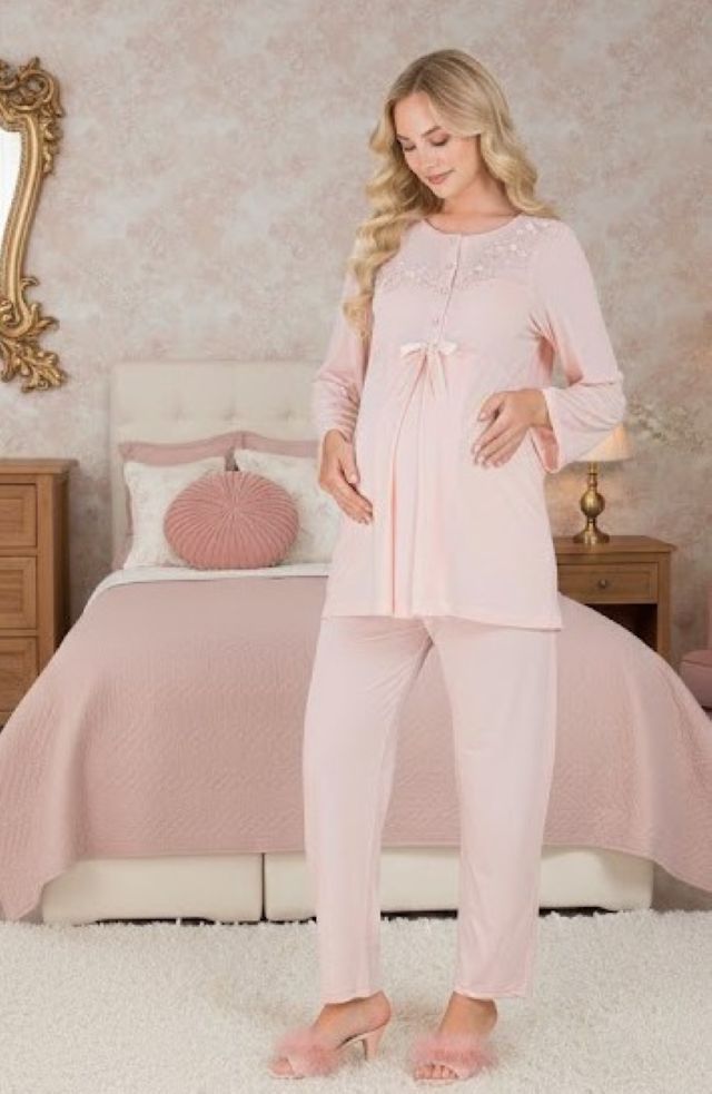 Yeni Sezon Pudra Dantelli Düğmeli Özel Tasarım Hamile Lohusa Sabahlıklı Pijama Takımı Seti 33007