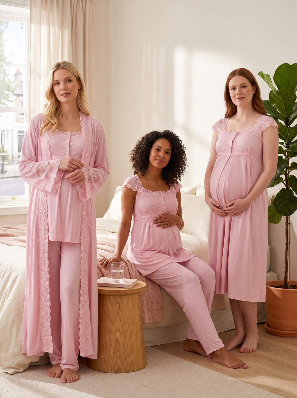 Yeni Sezon Pembe Özel Dantel Detaylı Askılı %100 Pamuk Emzirme Özellikli Tasarım Hamile Lohusa Sabahlık Gecelik Pijama Takımı 4'Lü Lohusa Seti 14066