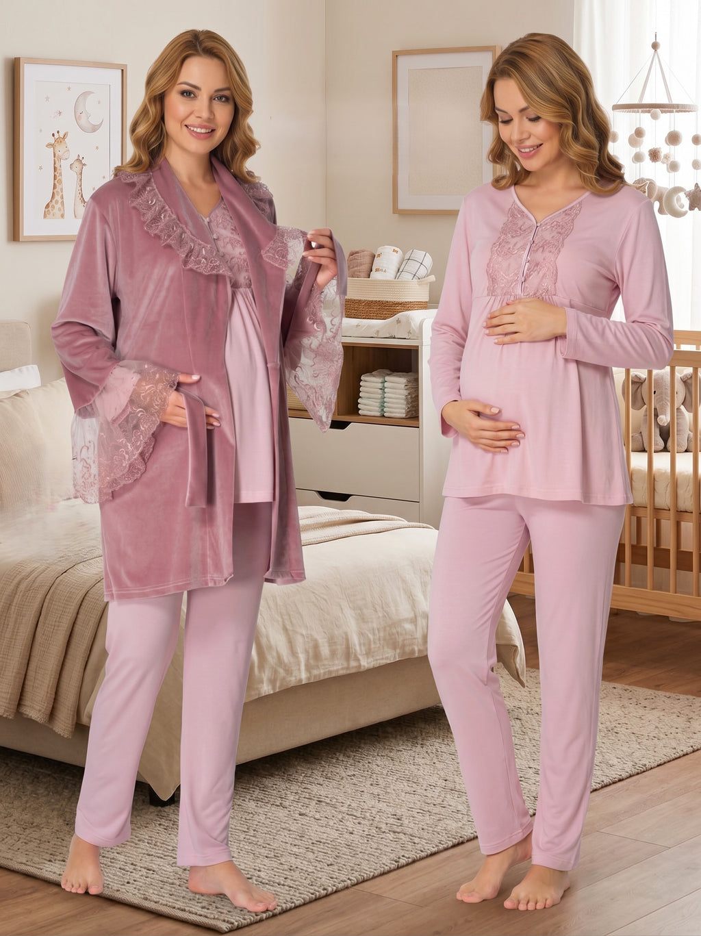 Yeni Sezon Pembe Kadife Kışlık Emzirme Özellikli Özel Tasarım Uzun Kollu Hamile Lohusa Sabahlıklı Pijama Takımı Seti 18088