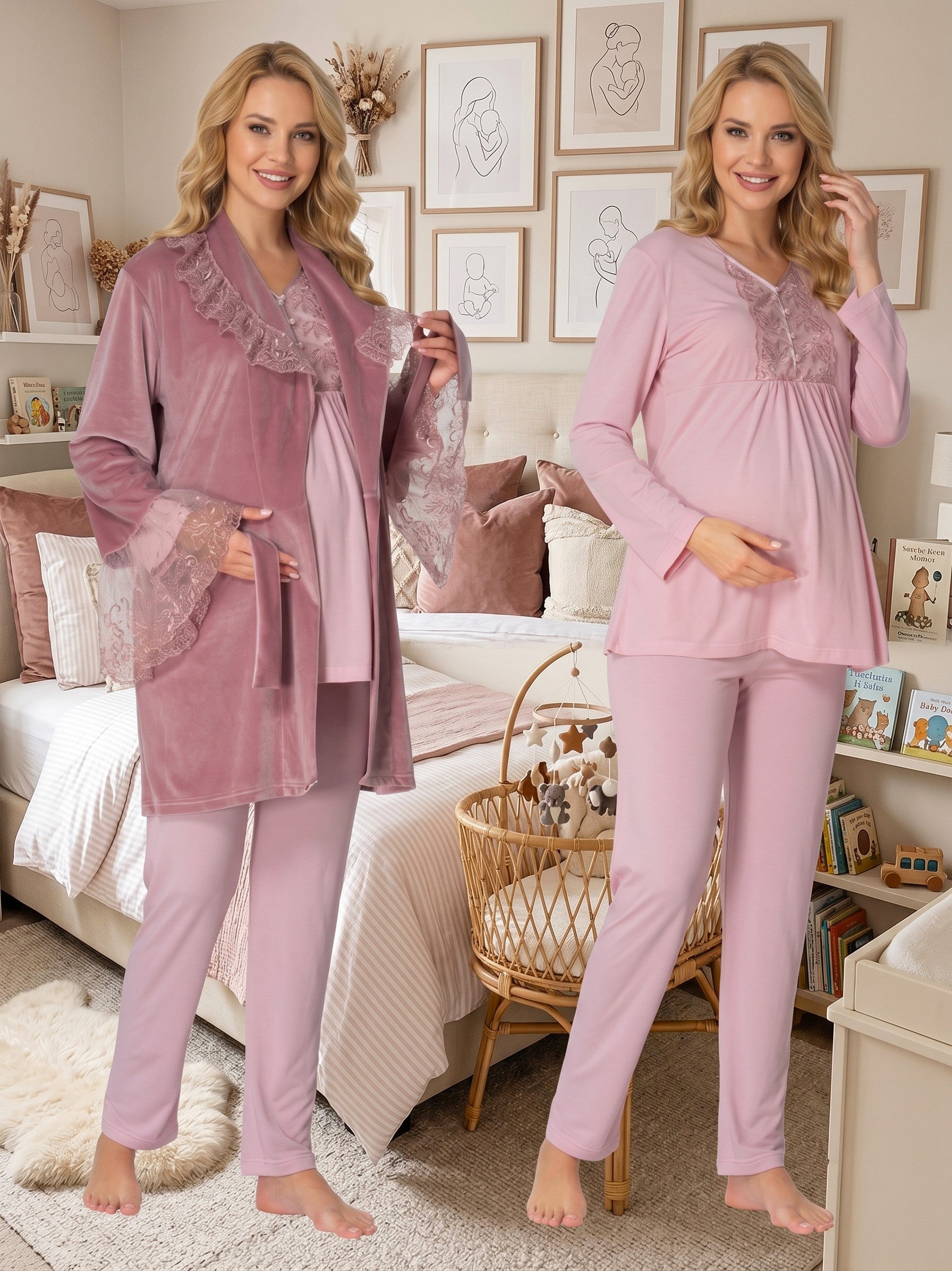 Yeni Sezon Pembe Kadife Kışlık Emzirme Özellikli Özel Tasarım Uzun Kollu Hamile Lohusa Sabahlıklı Pijama Takımı Seti 18088